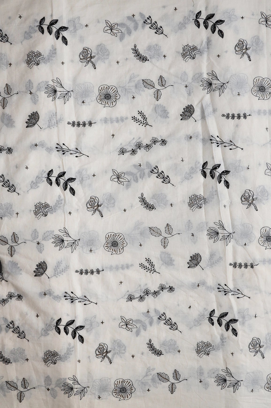 Black Thread With Gold Sequins Floral Embroidery Work On Off White Organic Cotton Fabric - doeraa