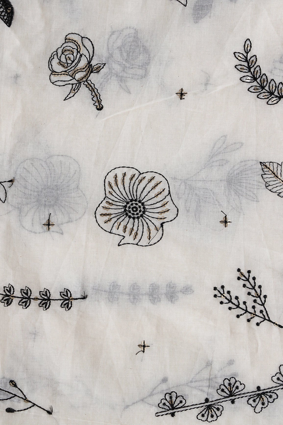 Black Thread With Gold Sequins Floral Embroidery Work On Off White Organic Cotton Fabric - doeraa
