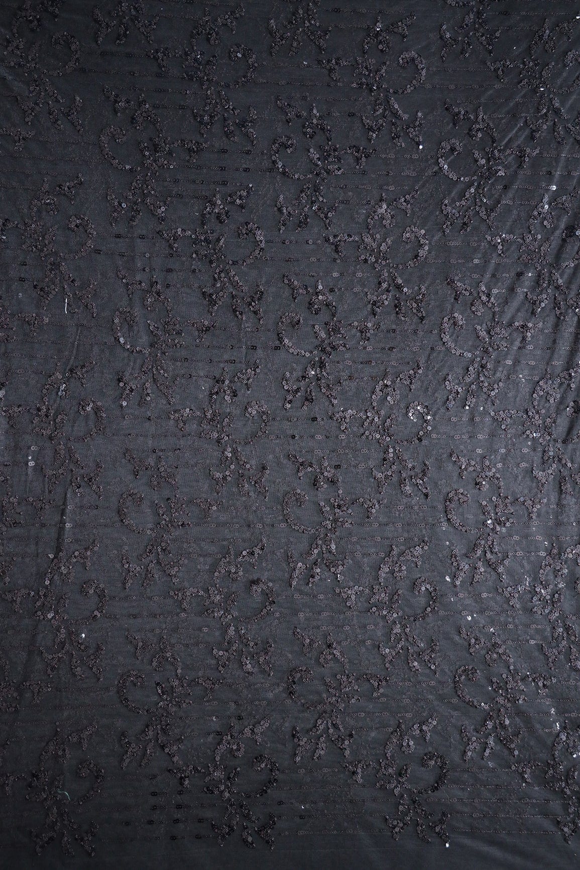 Black Thread With Sequins Abstract Embroidery Work On Black Soft Net Fabric - doeraa