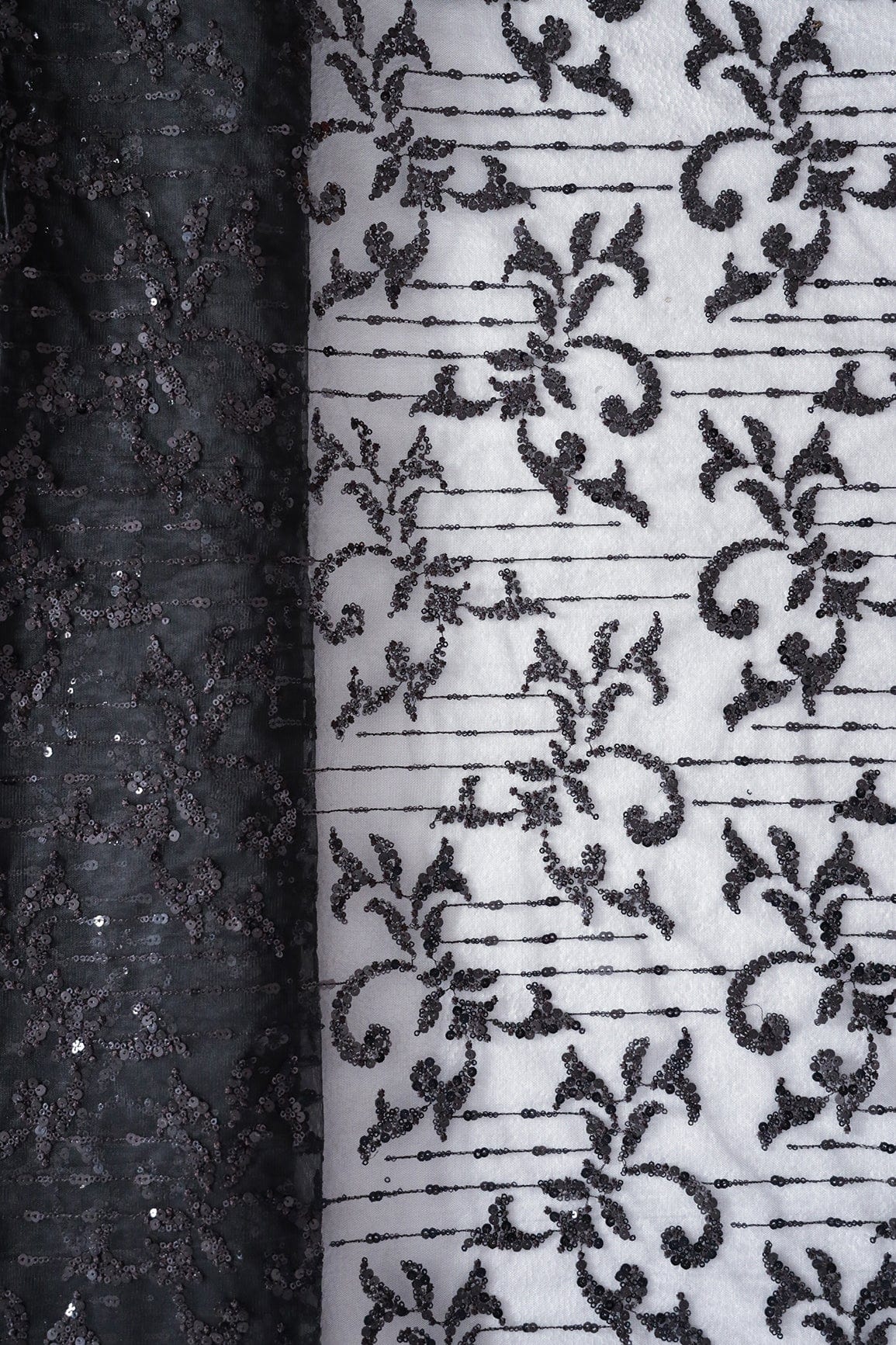 Black Thread With Sequins Abstract Embroidery Work On Black Soft Net Fabric - doeraa