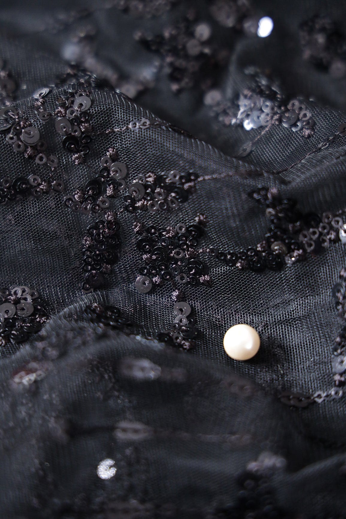 Black Thread With Sequins Abstract Embroidery Work On Black Soft Net Fabric - doeraa