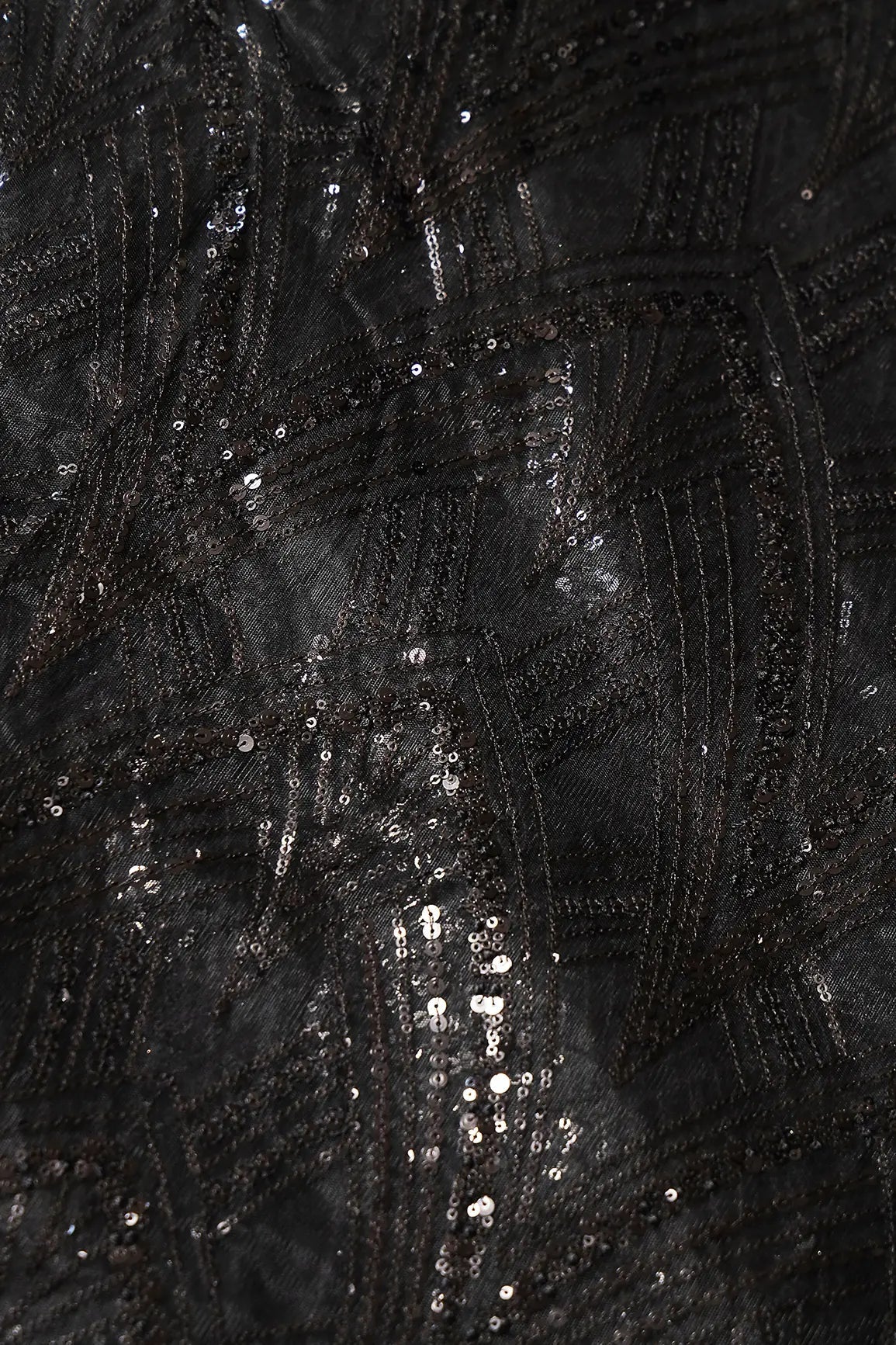 Black Thread With Sequins Geometric Embroidery Work On Black Soft Net Fabric - doeraa