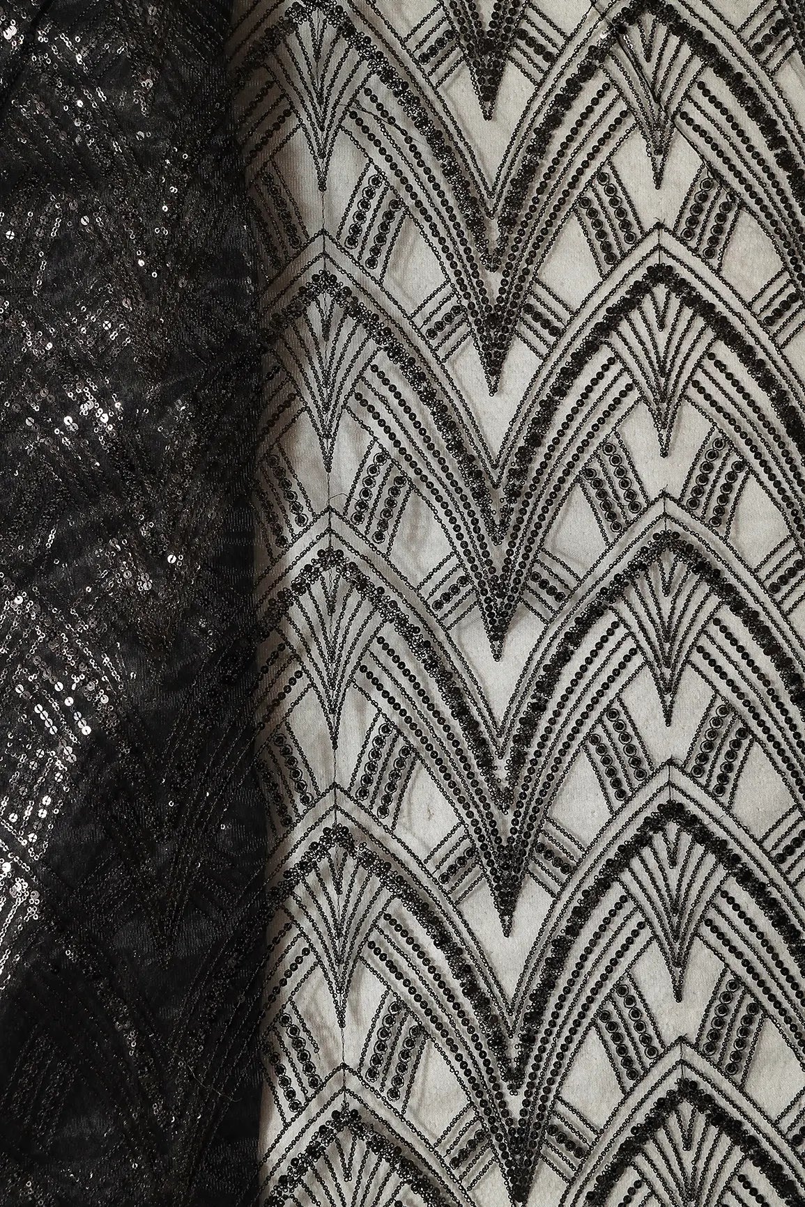 Black Thread With Sequins Geometric Embroidery Work On Black Soft Net Fabric - doeraa