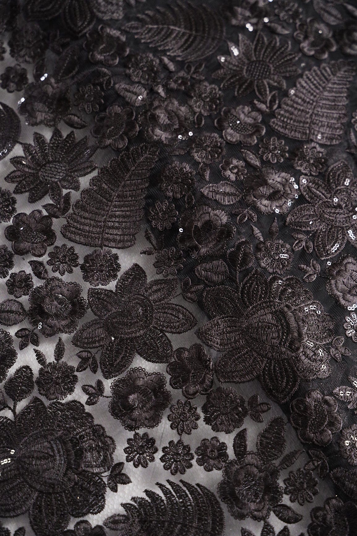 Black Thread With Sequins Heavy Floral Embroidery On Black Soft Net Fabric - doeraa
