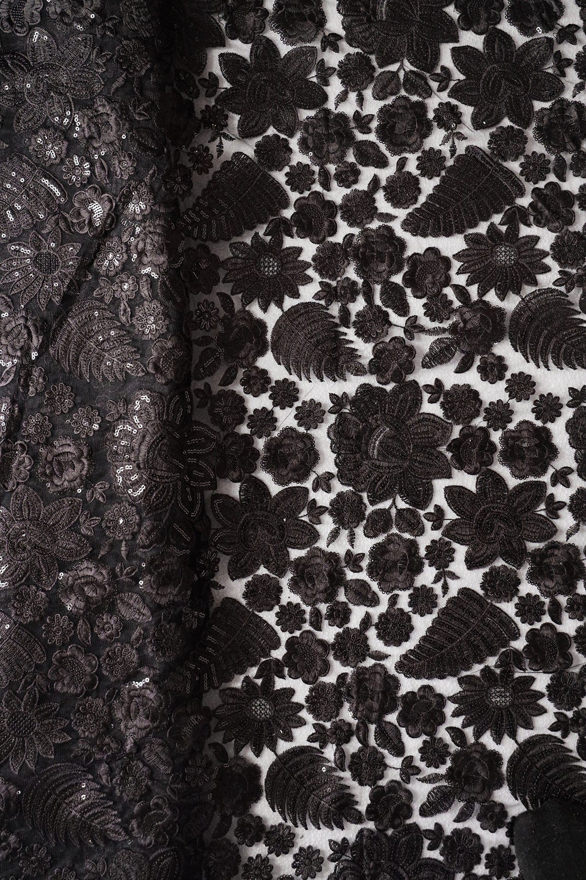 Black Thread With Sequins Heavy Floral Embroidery On Black Soft Net Fabric - doeraa