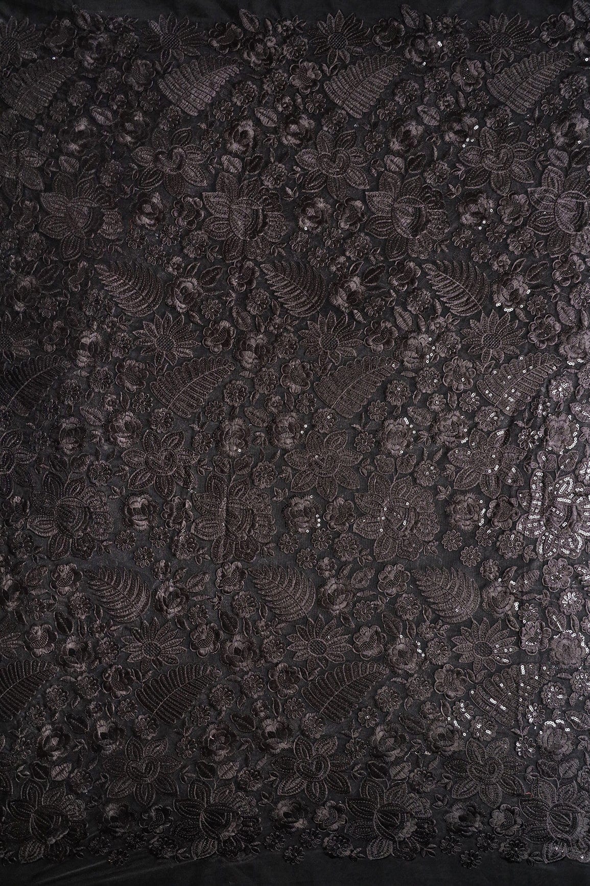Black Thread With Sequins Heavy Floral Embroidery On Black Soft Net Fabric - doeraa