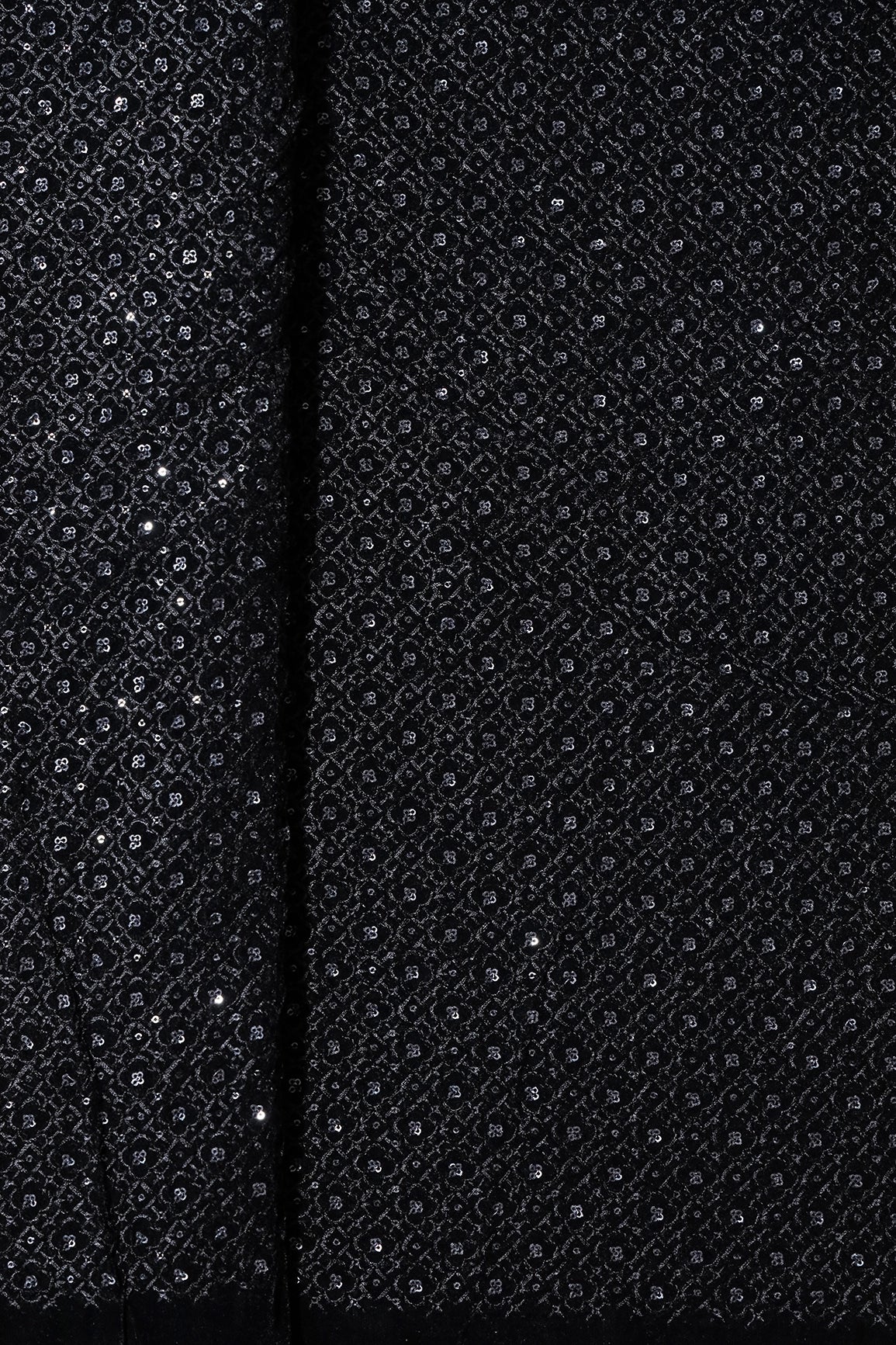 Black Thread With Sequins Small Checks Embroidery Work On Black Velvet Fabric - doeraa