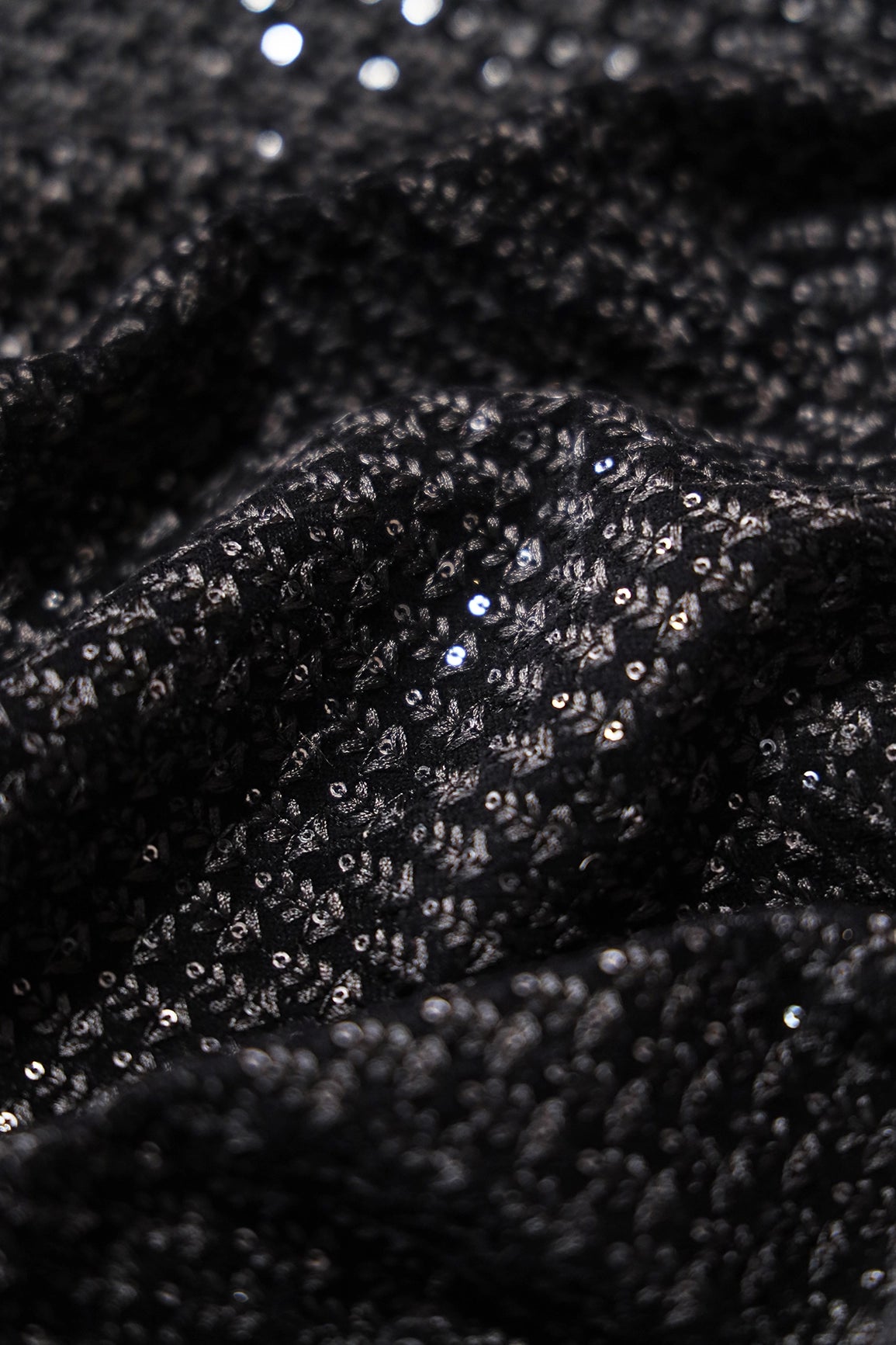 Black Thread With Sequins Small Floral Embroidery Work On Black Velvet Fabric - doeraa