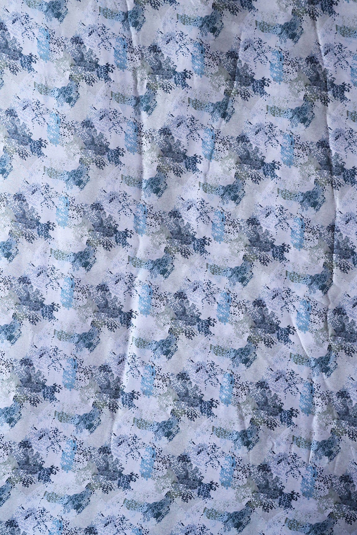 Blue Abstract Pattern Digital Print On White Georgette Satin Fabric - doeraa