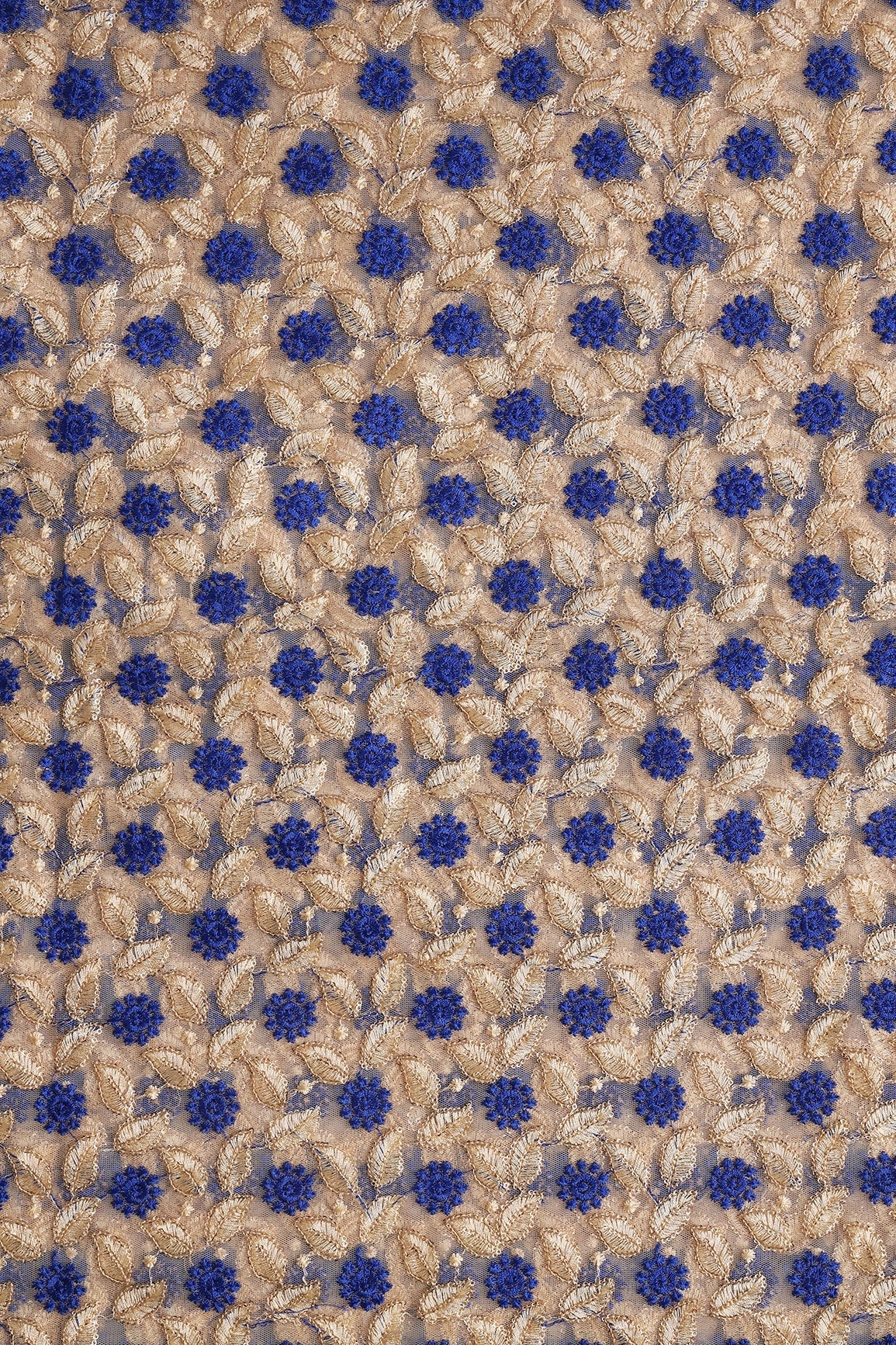 Blue And Beige Thread With Sequins Leafy Embroidery On Beige Soft Net Fabric - doeraa