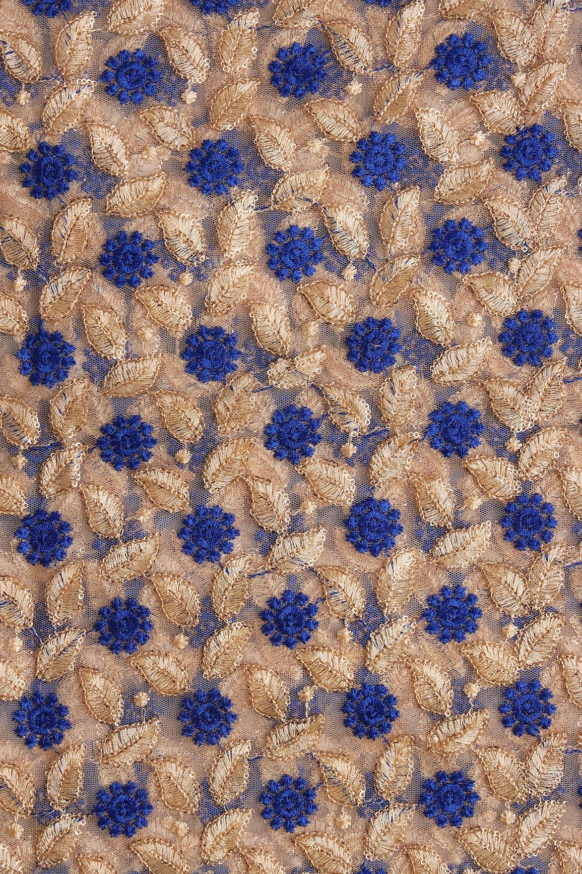 Blue And Beige Thread With Sequins Leafy Embroidery On Beige Soft Net Fabric - doeraa