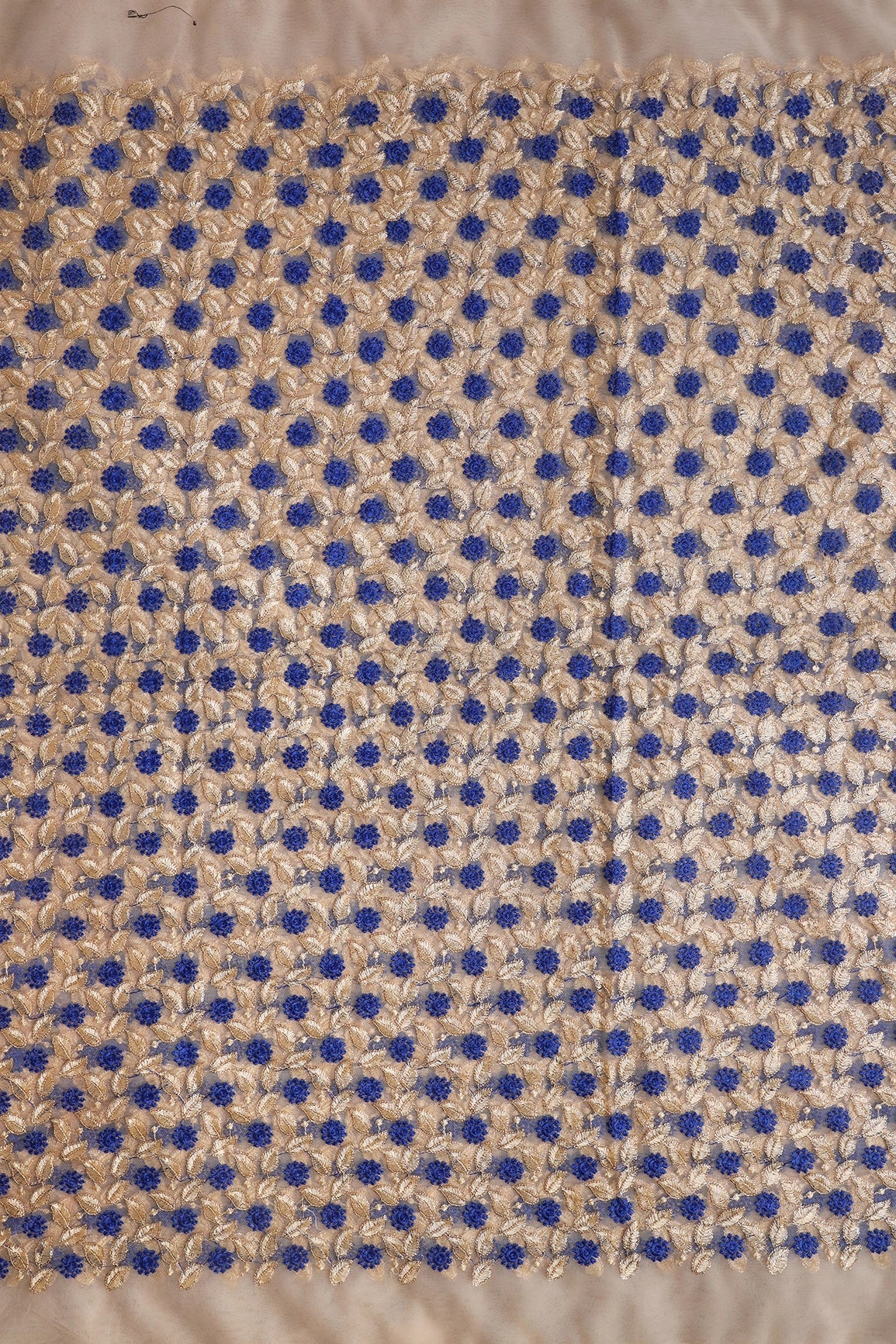 Blue And Beige Thread With Sequins Leafy Embroidery On Beige Soft Net Fabric - doeraa