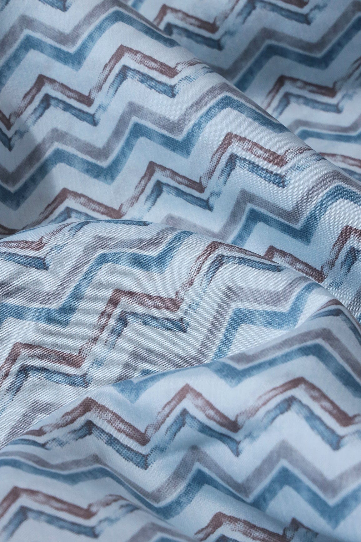 Blue And Brown Chevron Print On Pastel Blue Viscose Chanderi Silk Fabric - doeraa