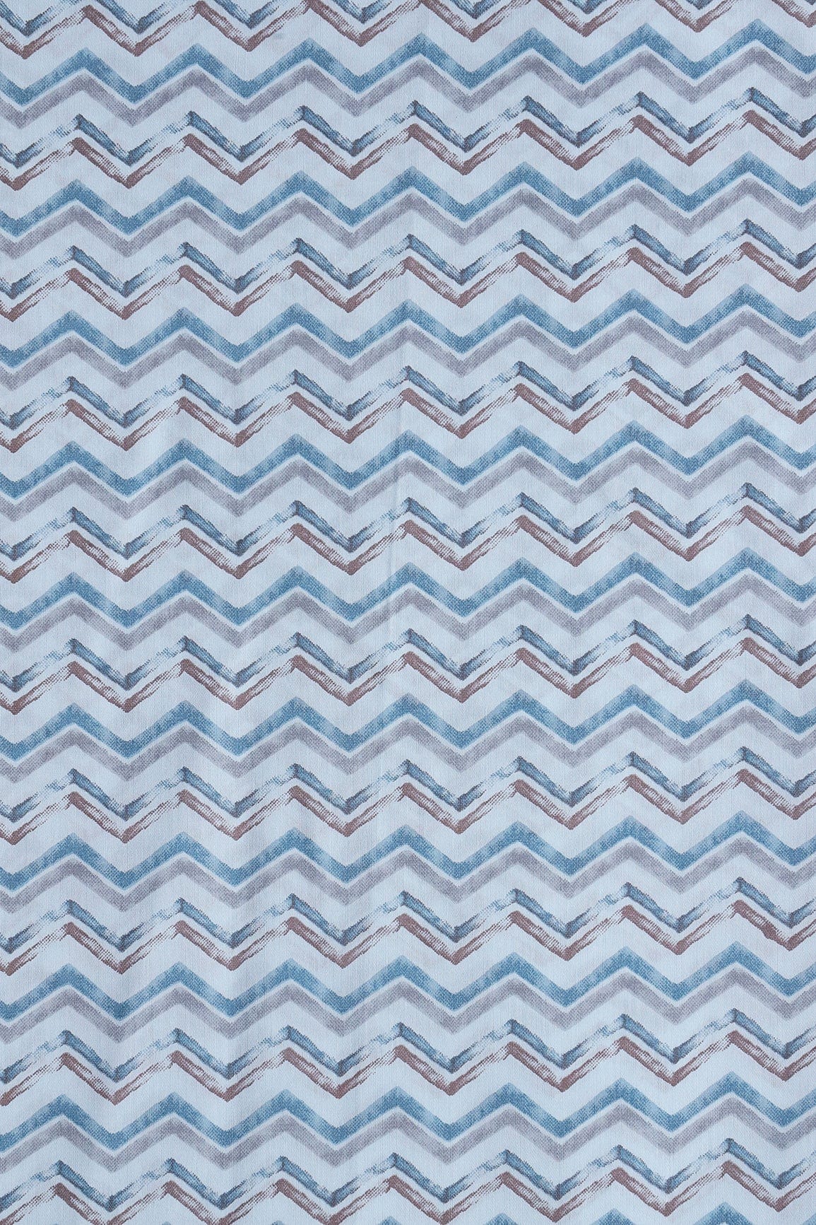 Blue And Brown Chevron Print On Pastel Blue Viscose Chanderi Silk Fabric - doeraa