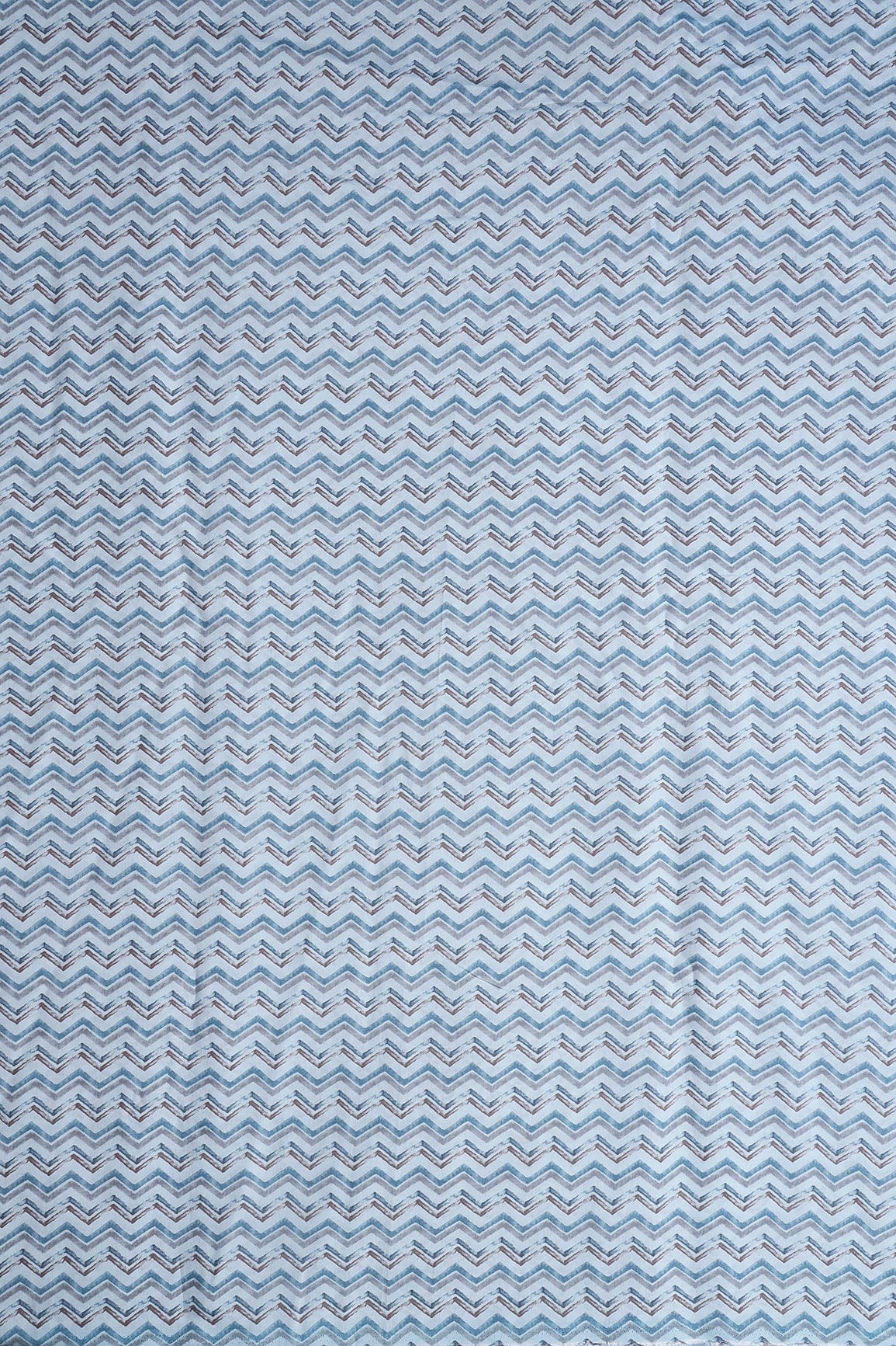 Blue And Brown Chevron Print On Pastel Blue Viscose Chanderi Silk Fabric - doeraa