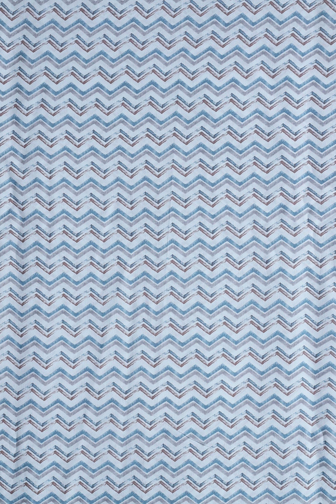 Blue And Brown Chevron Print On Pastel Blue Viscose Chanderi Silk Fabric - doeraa