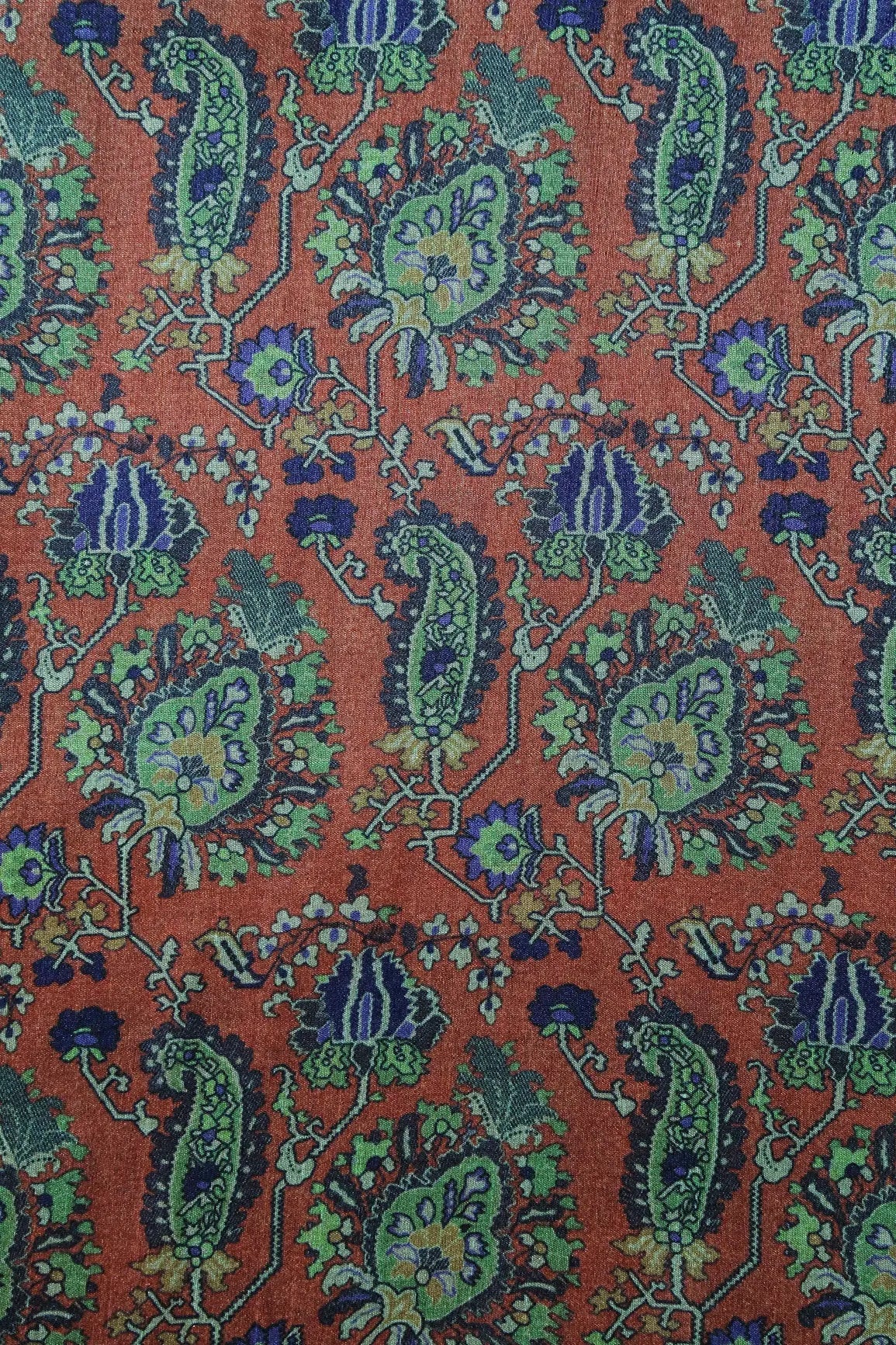 Blue And Brown Traditional Pattern Digital Print On Mulberry Silk Fabric - doeraa