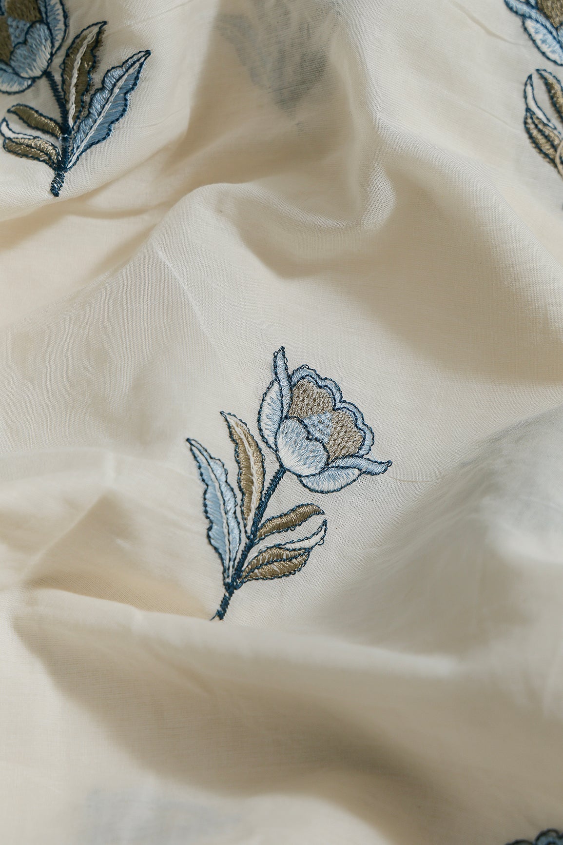 Blue And Olive Thread Beautiful Floral Embroidery Work On Off White Organic Cotton Fabric - doeraa
