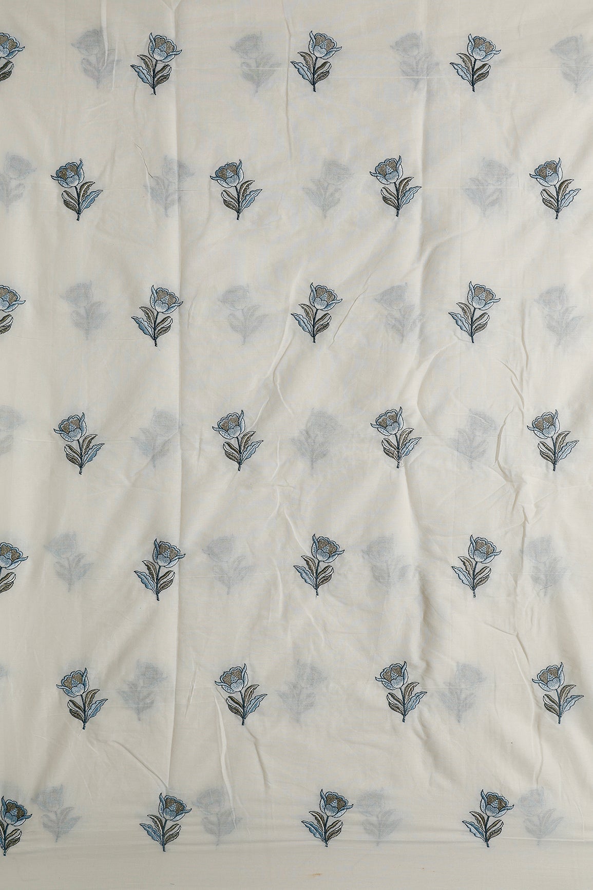 Blue And Olive Thread Beautiful Floral Embroidery Work On Off White Organic Cotton Fabric - doeraa
