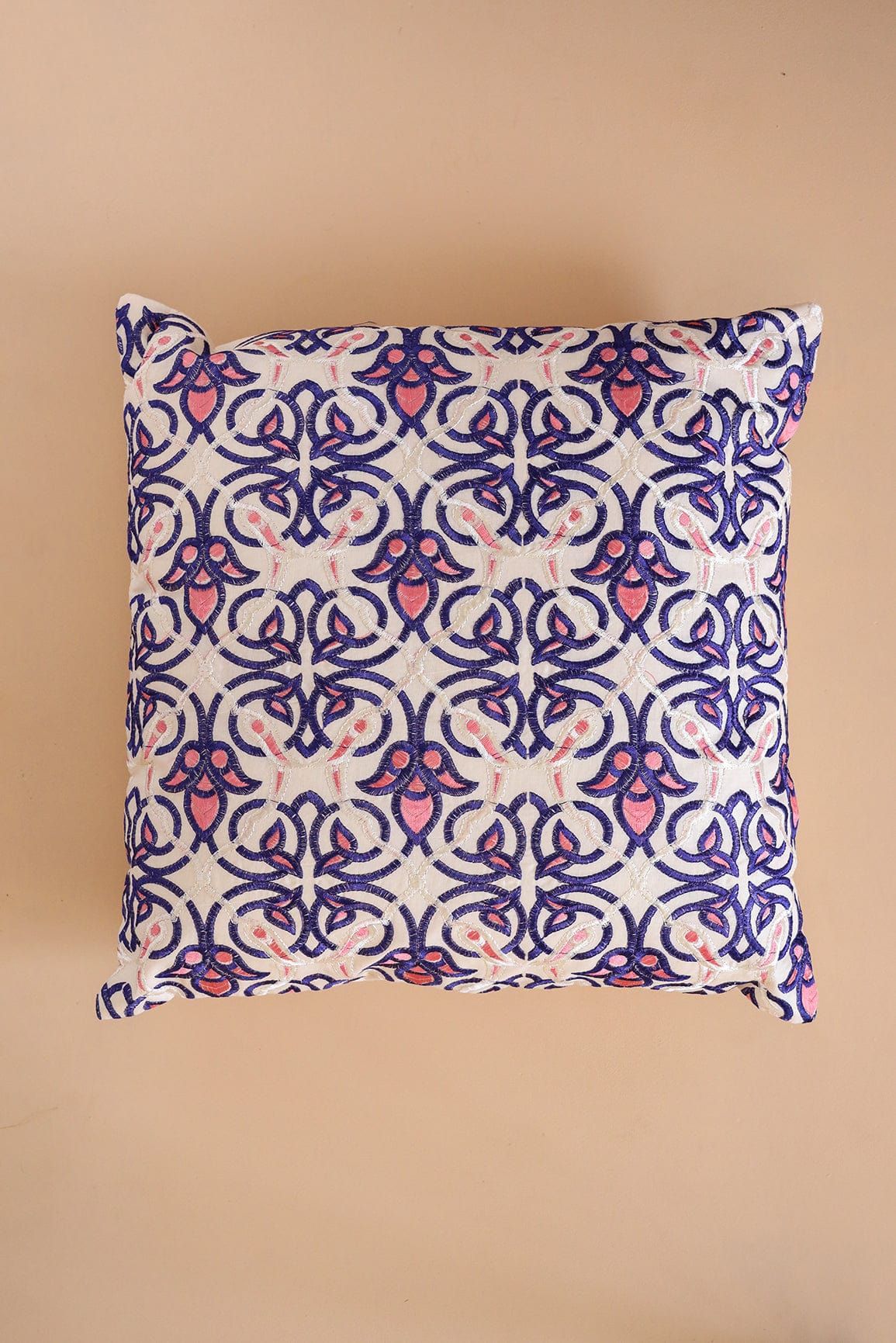 Blue and Pink Embroidery on off white cotton Cushion Cover (16*16 inches) - doeraa