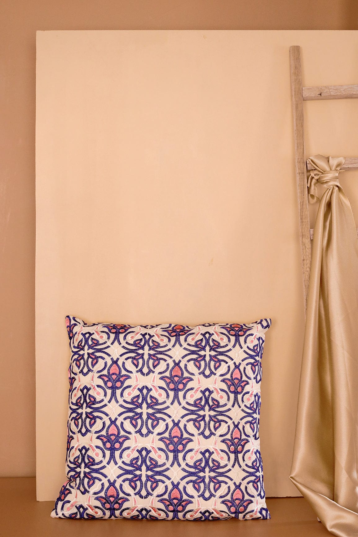 Blue and Pink Embroidery on off white cotton Cushion Cover (16*16 inches) - doeraa