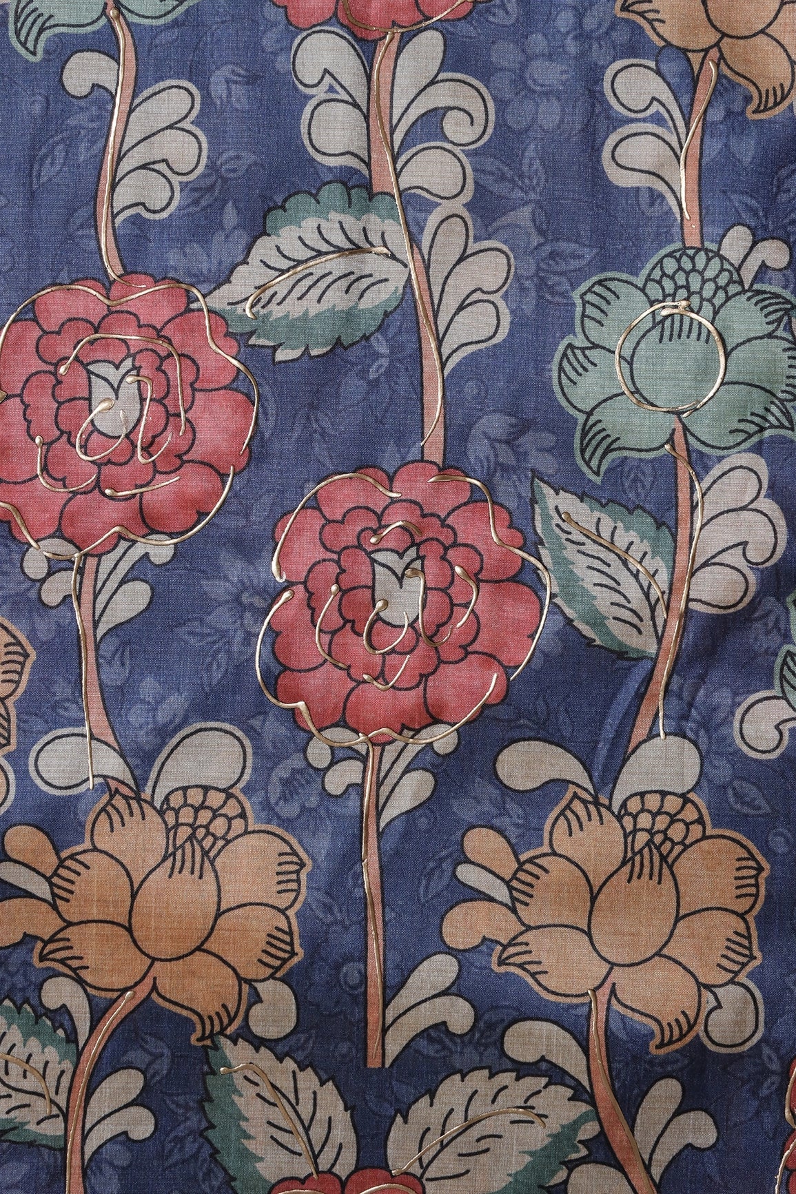 Blue And Red Floral Pattern Digital Foil Print On Mulberry Silk Fabric - doeraa
