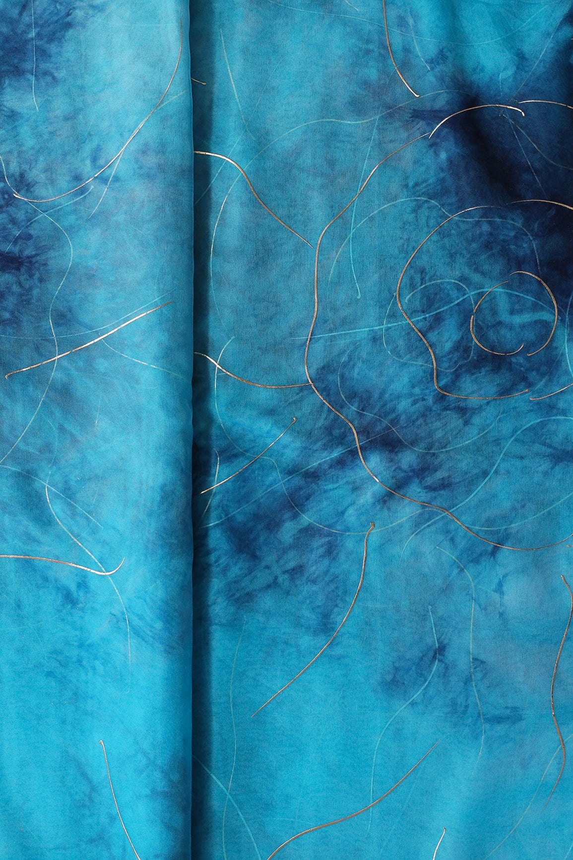 Blue And Sky Tie & Dye Shibori Foil Print On Organza Fabric - doeraa