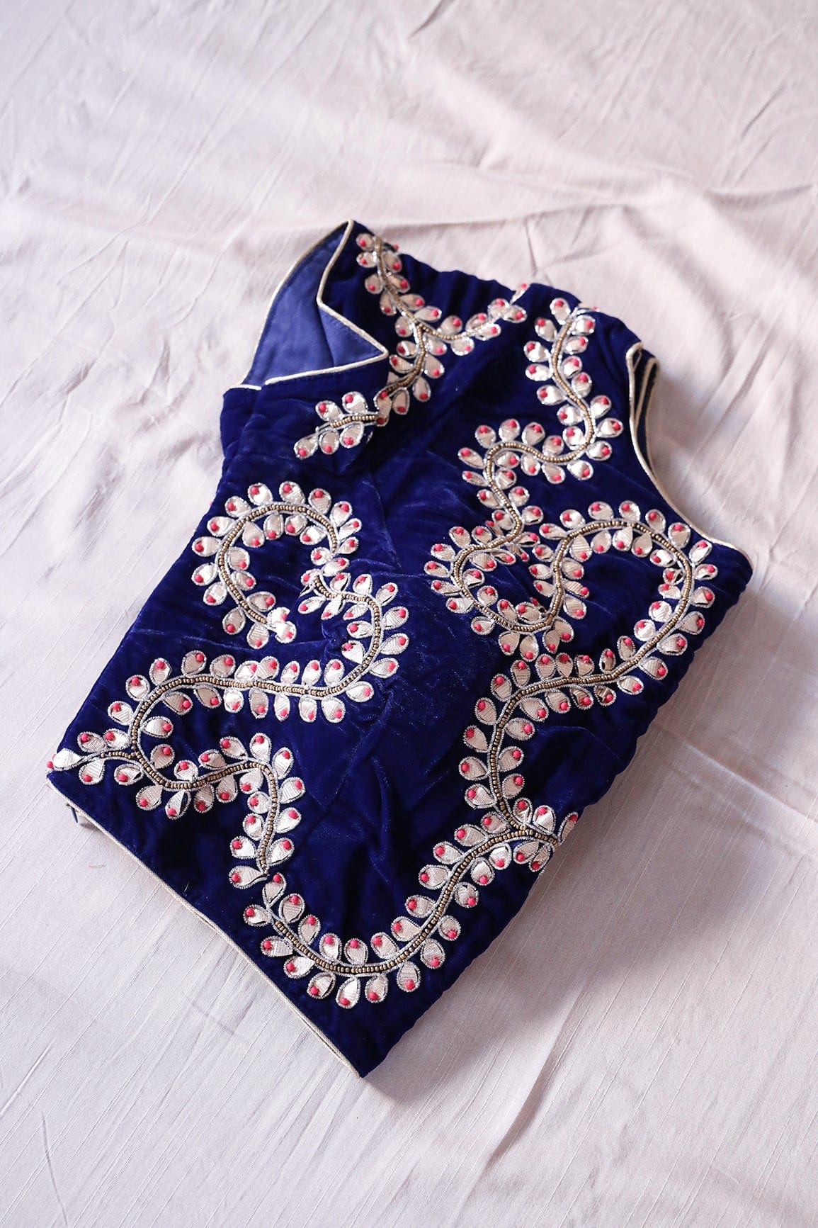 Blue Hand Work Embroidery Velvet Stitched Blouse - doeraa