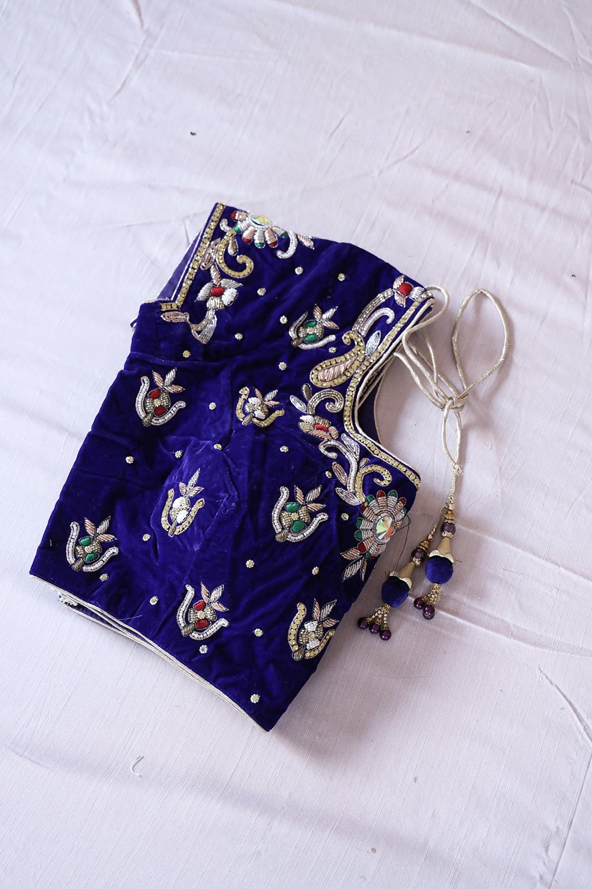 Blue Hand Work Embroidery Velvet Stitched Blouse - doeraa