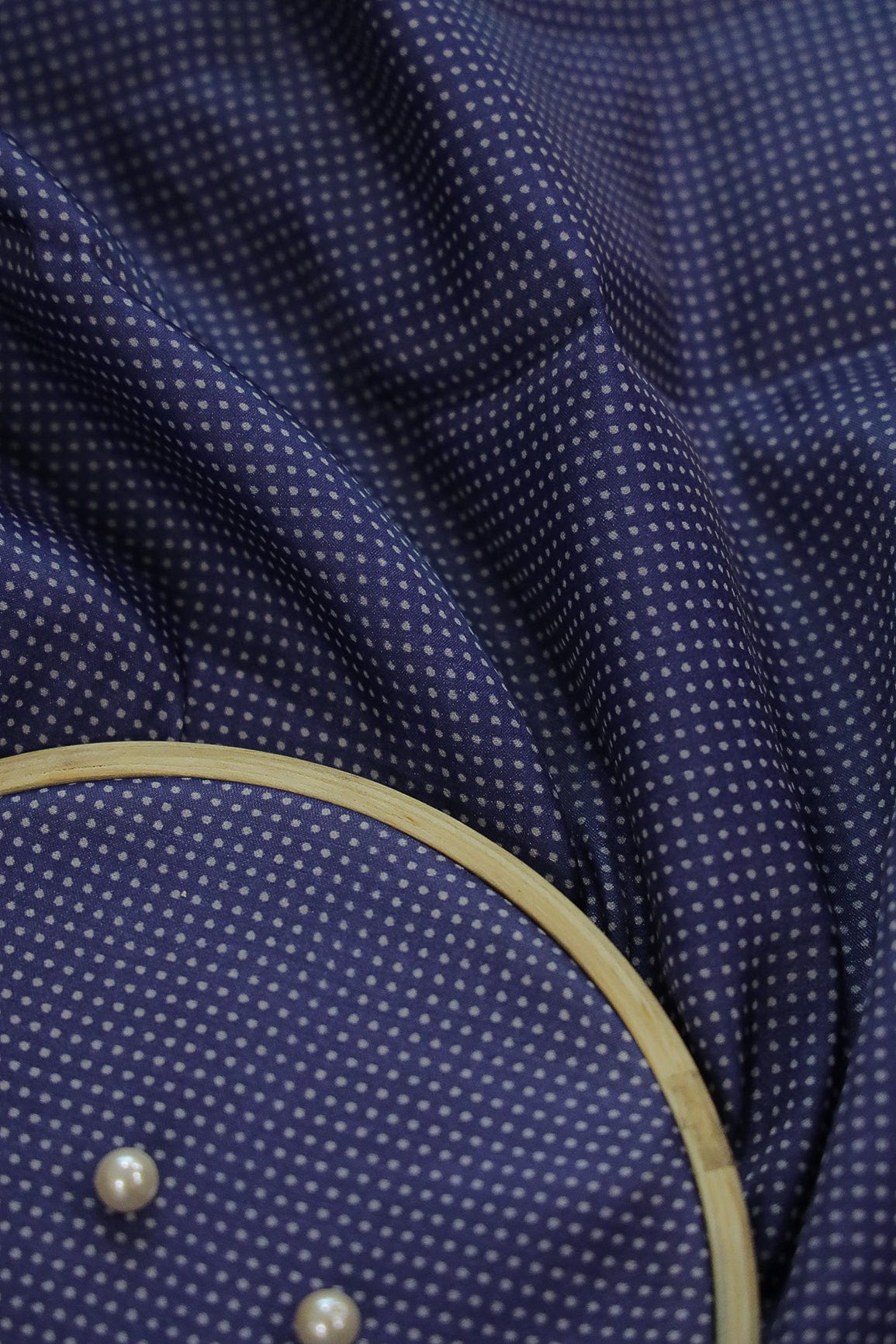 Blue Polka Dots Digital Print on Tussar Satin Fabric - doeraa