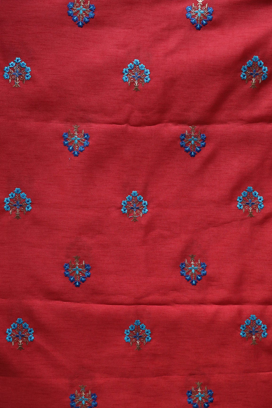 Blue Thread With Gold Zari Small Floral Embroidery Work On Red Banglori Satin Fabric - doeraa