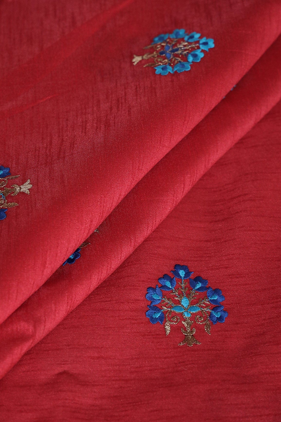 Blue Thread With Gold Zari Small Floral Embroidery Work On Red Banglori Satin Fabric - doeraa