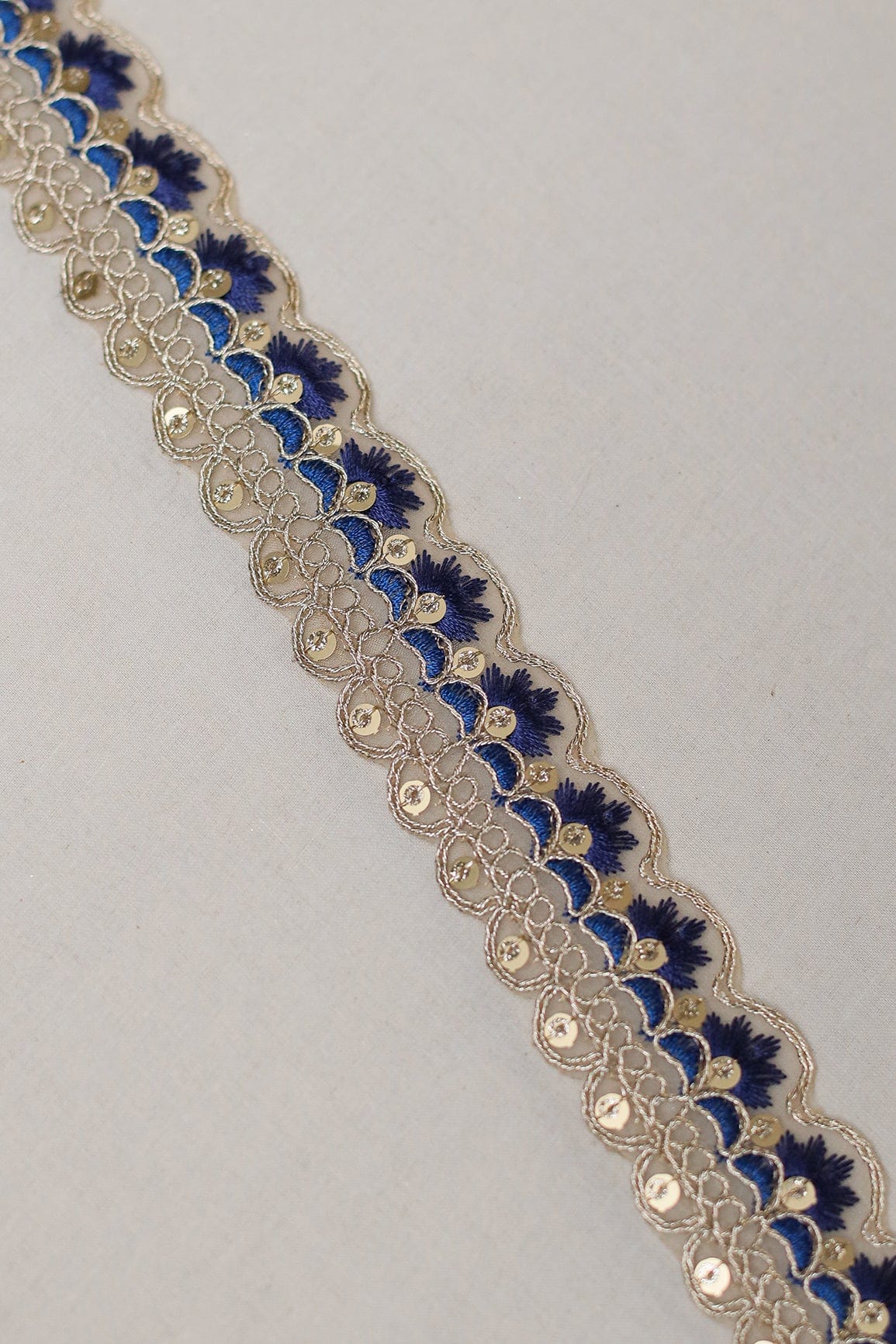 Blue Thread Work With Gold Zari And Sequins Embroidered Scallop Lace (9 Meters) - doeraa