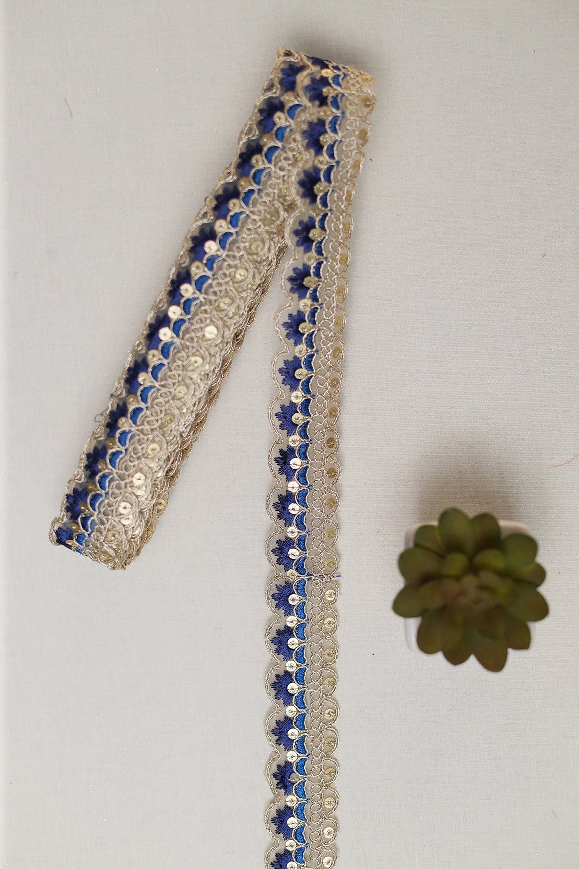 Blue Thread Work With Gold Zari And Sequins Embroidered Scallop Lace (9 Meters) - doeraa