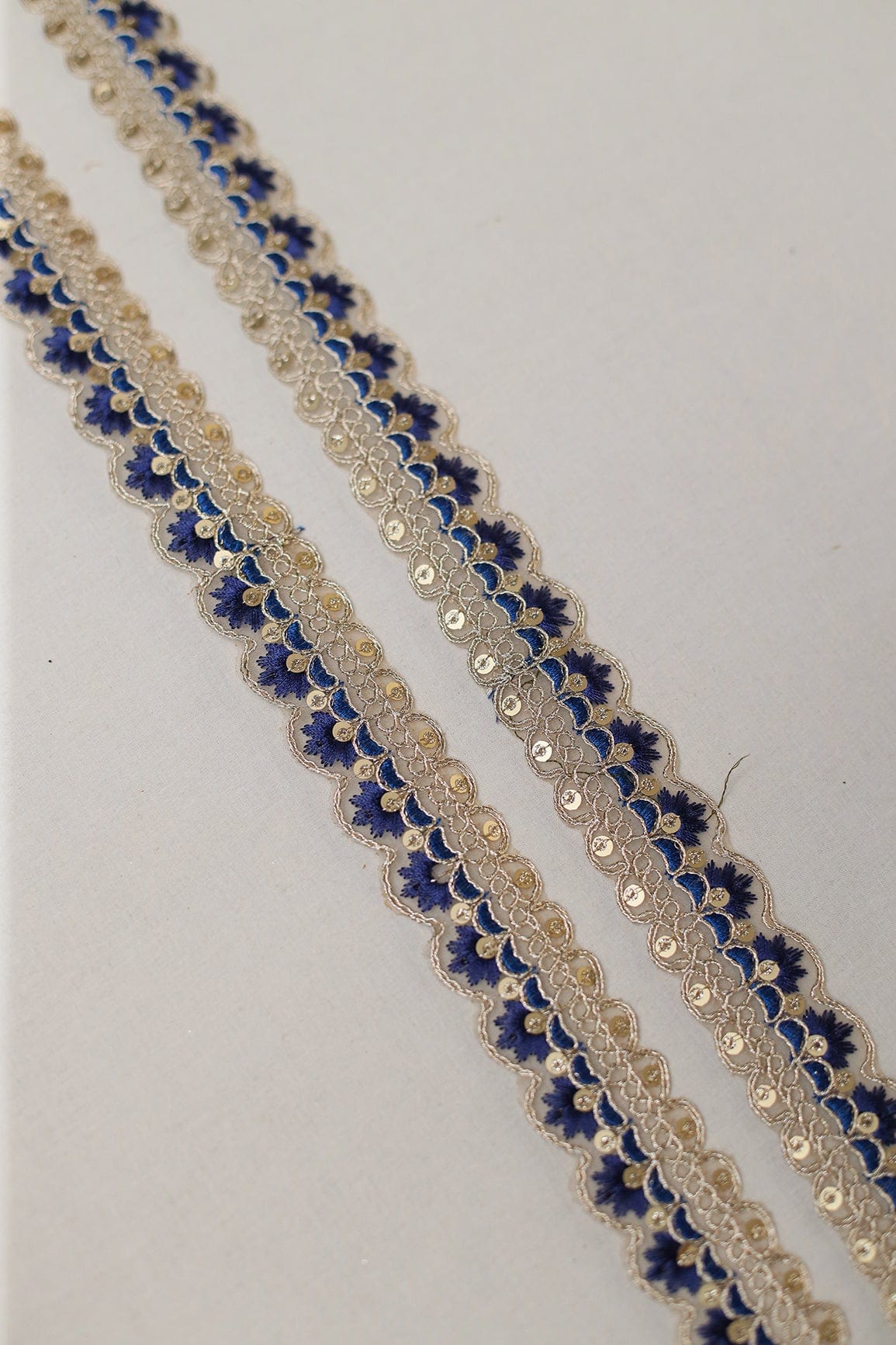 Blue Thread Work With Gold Zari And Sequins Embroidered Scallop Lace (9 Meters) - doeraa