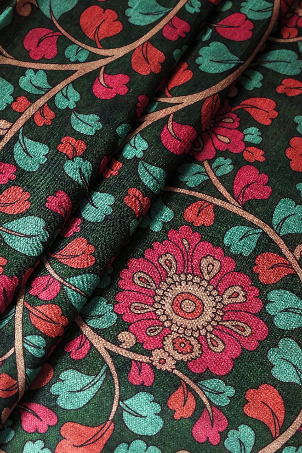 Bottle Green And Dark Pink Floral Pattern Digital Print On Mulberry Silk Fabric - doeraa