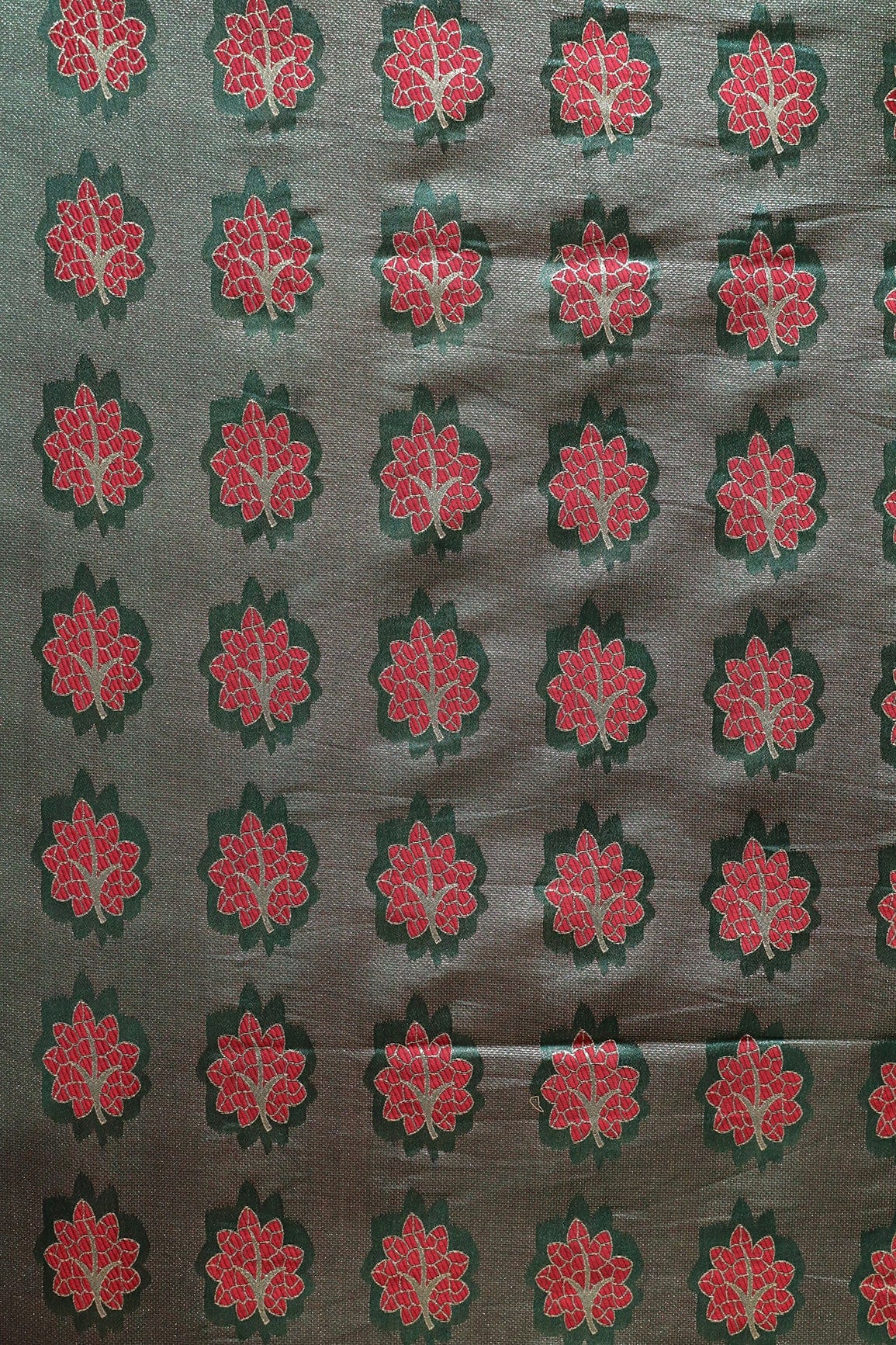 Bottle Green And Red Leafy Jute Banarasi Zari Jacquard Fabric - doeraa