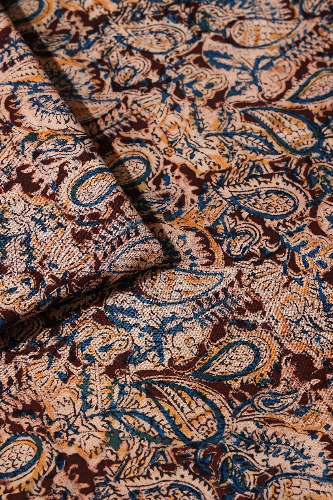 Brown And Beige Floral Pattern Handblock Kalamkari Organic Cotton Fabric - doeraa