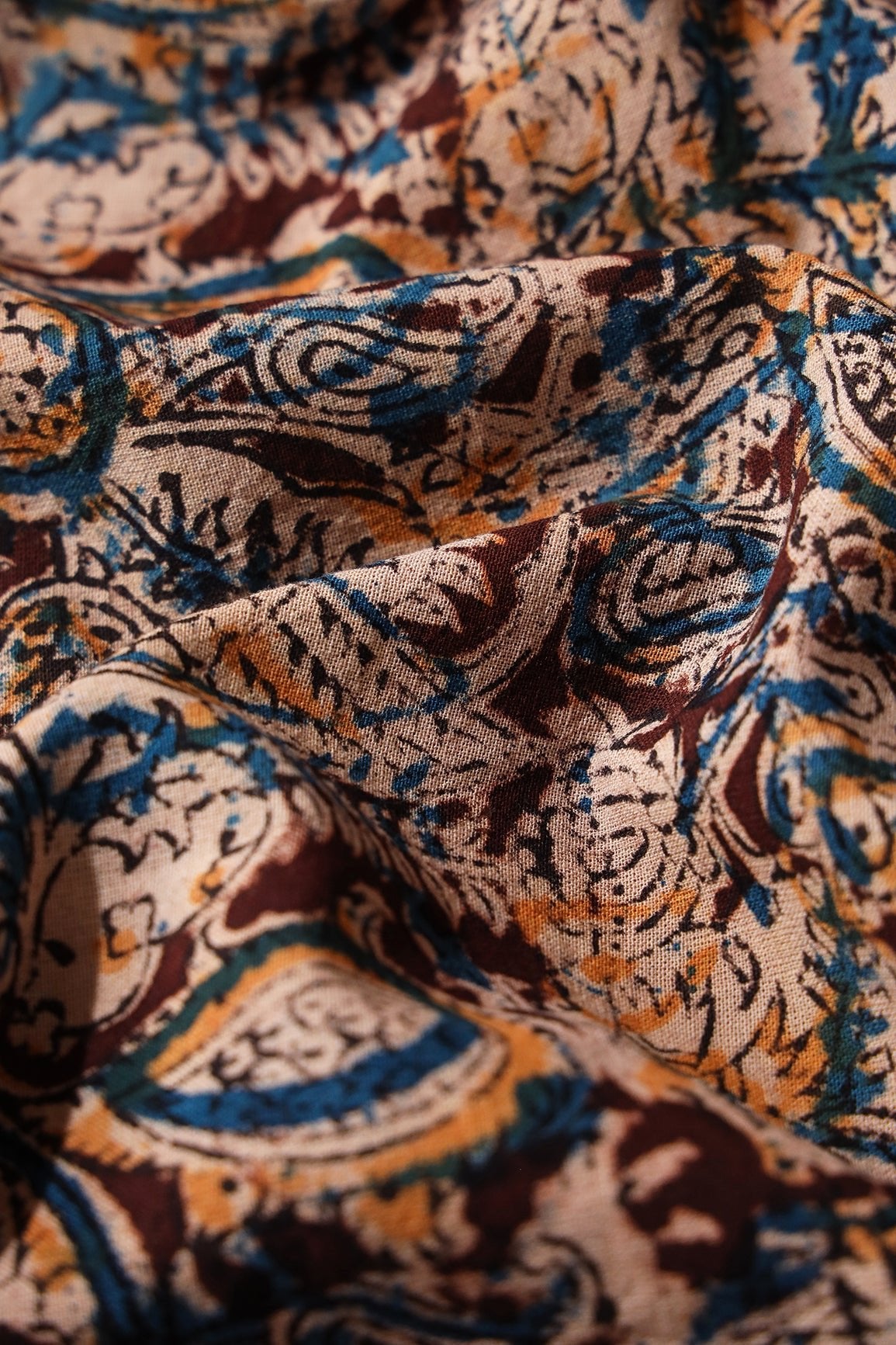 Brown And Beige Floral Pattern Handblock Kalamkari Organic Cotton Fabric - doeraa