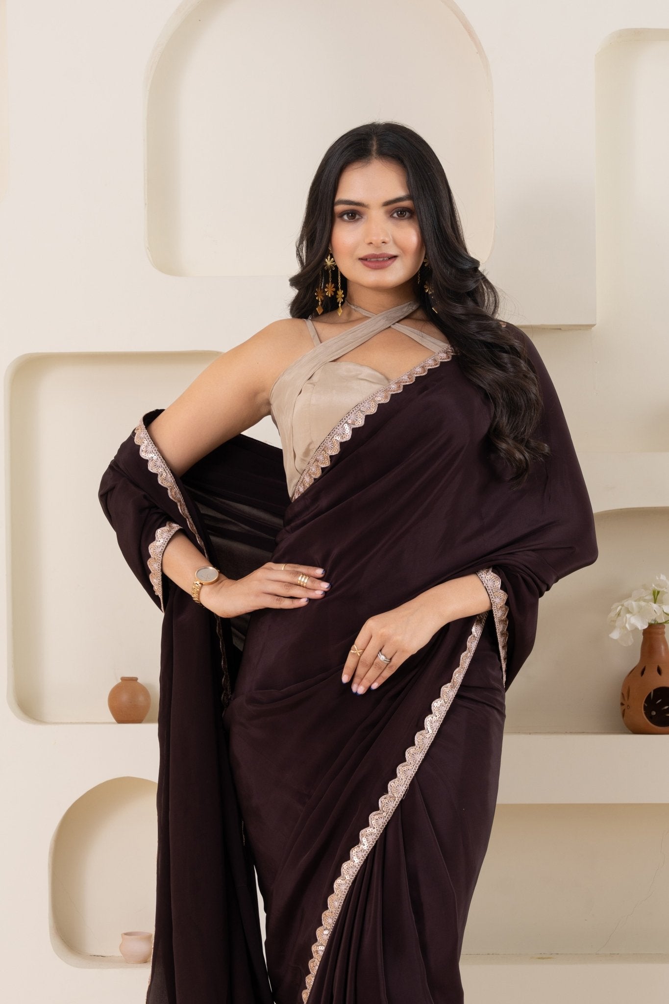 Brown And Beige Pure Viscose Crepe Saree Set With Border (Saree With Blouse Piece) - doeraa
