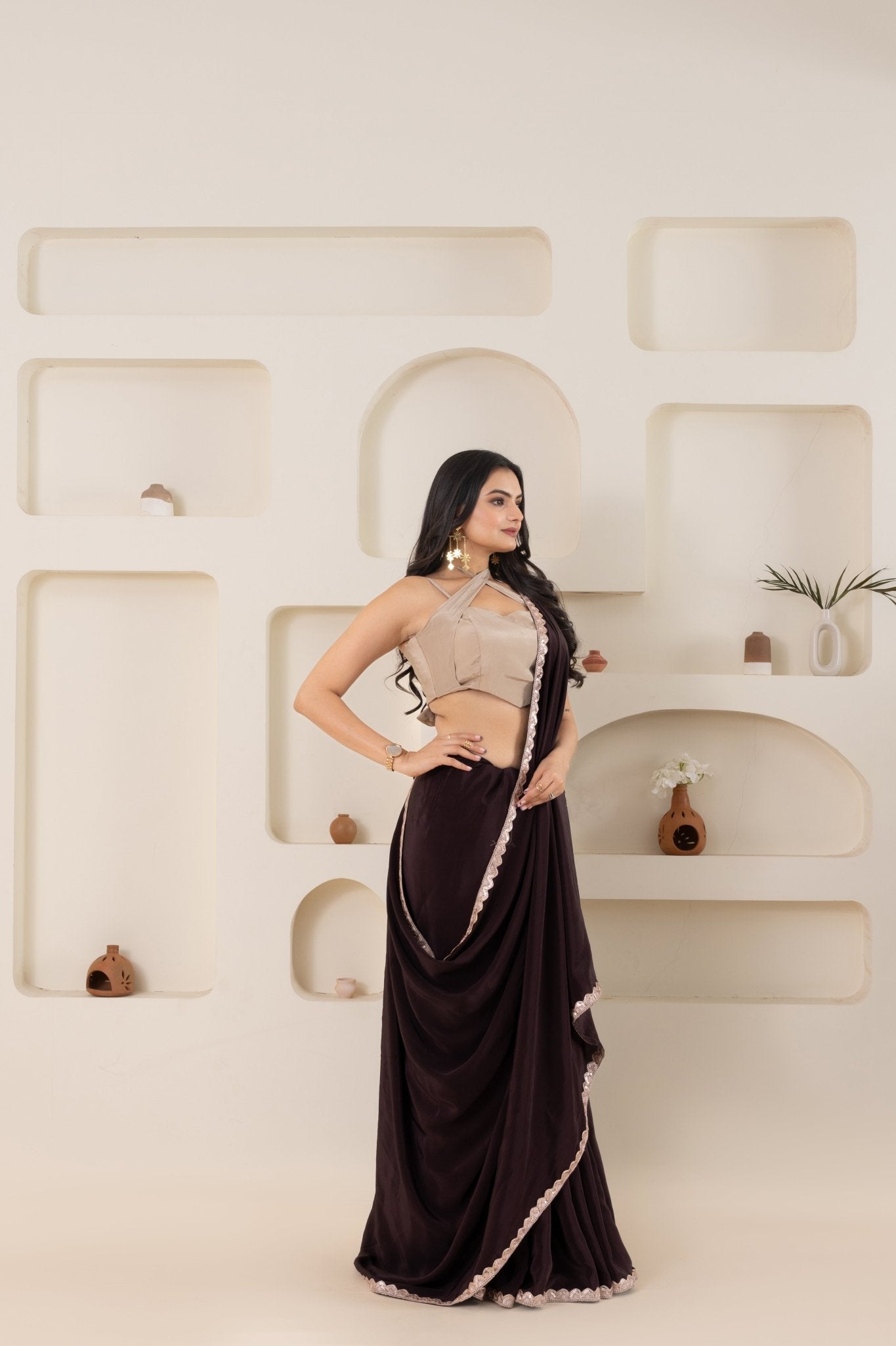 Brown And Beige Pure Viscose Crepe Saree Set With Border (Saree With Blouse Piece) - doeraa