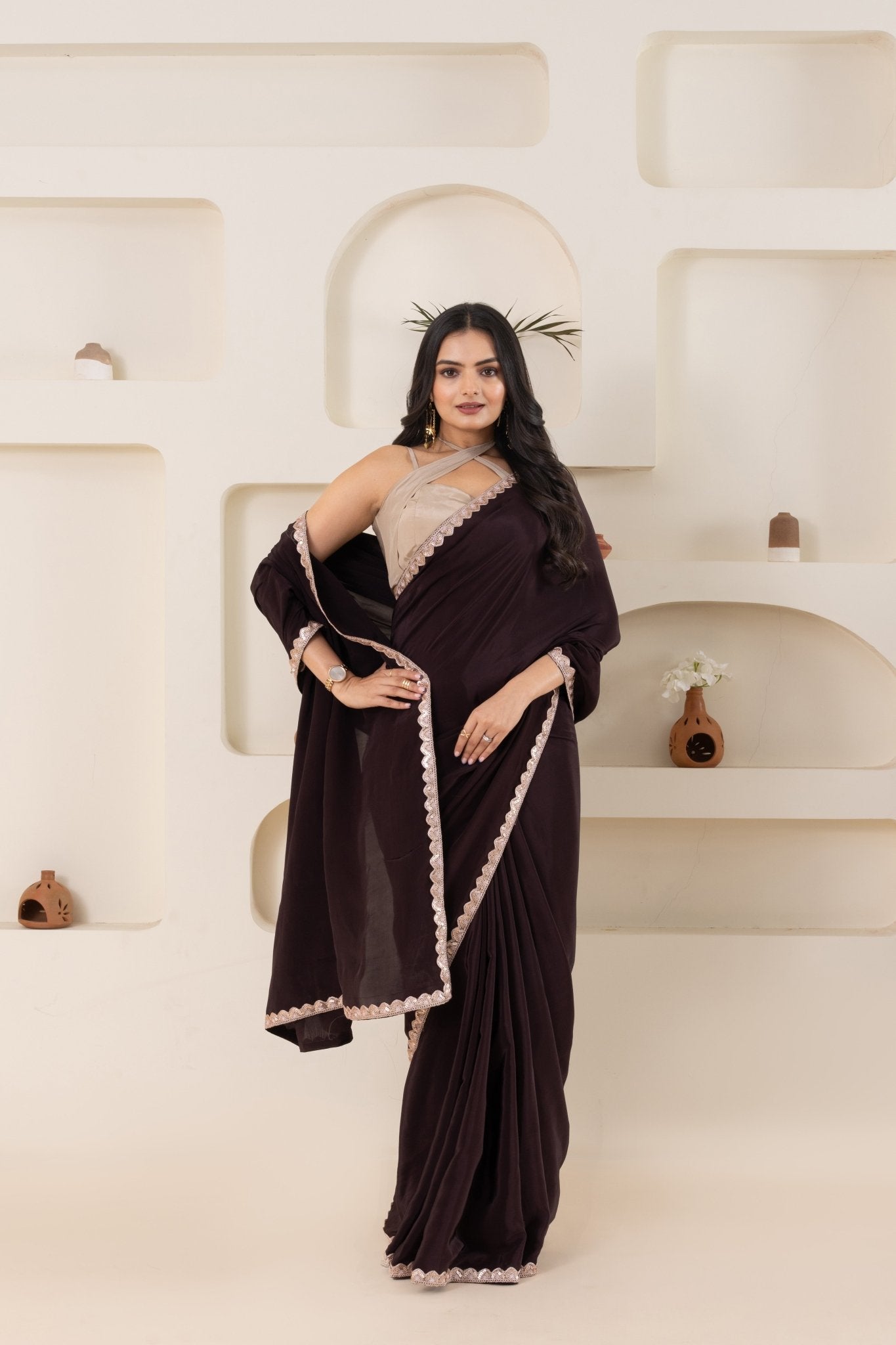 Brown And Beige Pure Viscose Crepe Saree Set With Border (Saree With Blouse Piece) - doeraa