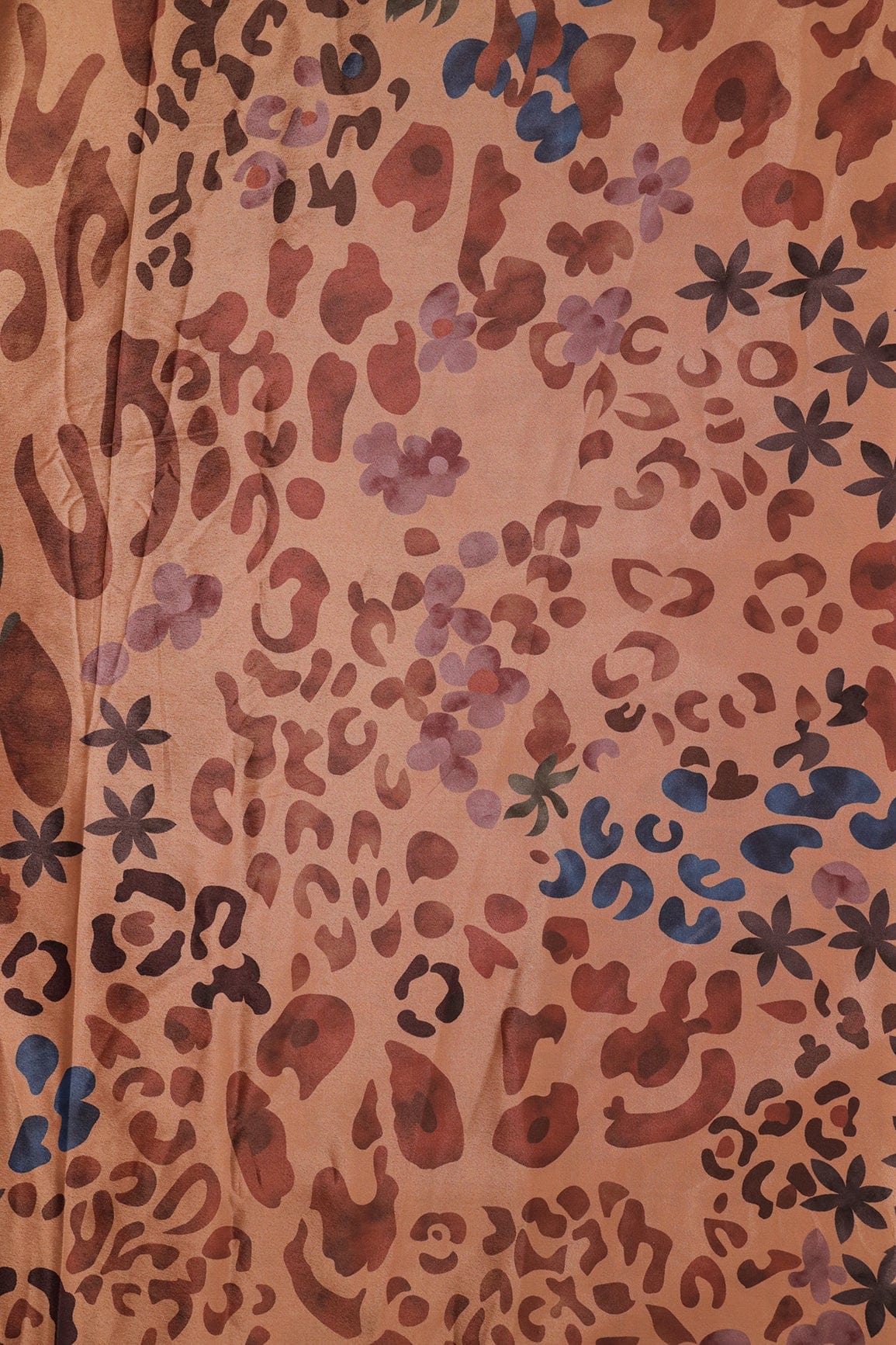 Brown And Blue Abstract Print On Pastel Orange Crepe Fabric - doeraa