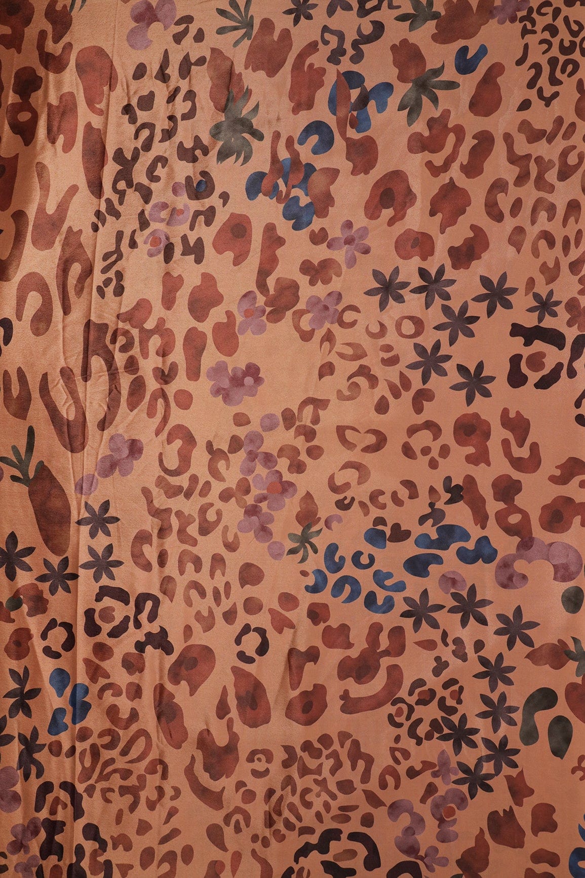 Brown And Blue Abstract Print On Pastel Orange Crepe Fabric - doeraa