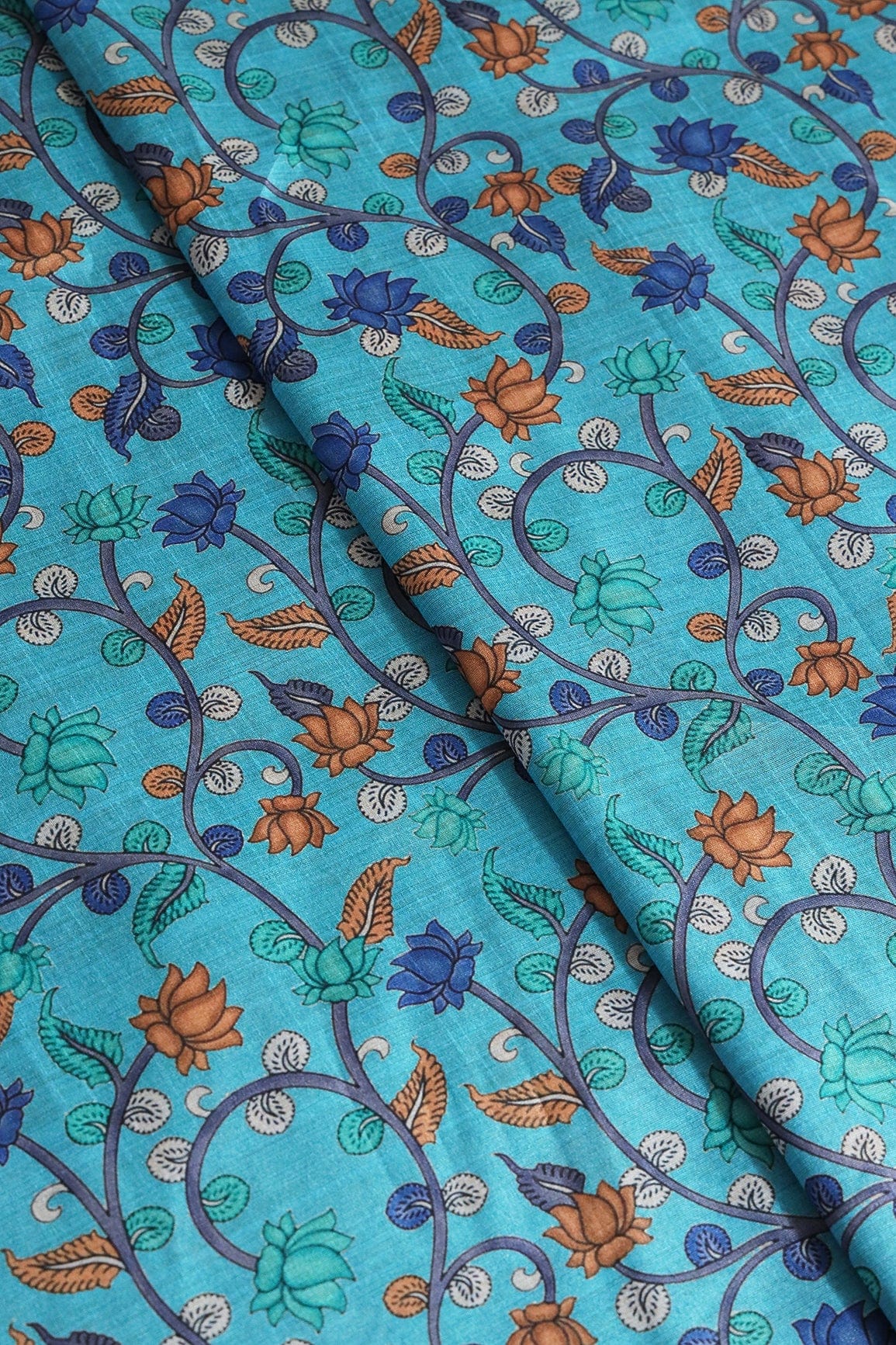 Brown And Blue Color Floral Pattern Digital Print On Cerulean Blue Mulberry Silk Fabric - doeraa