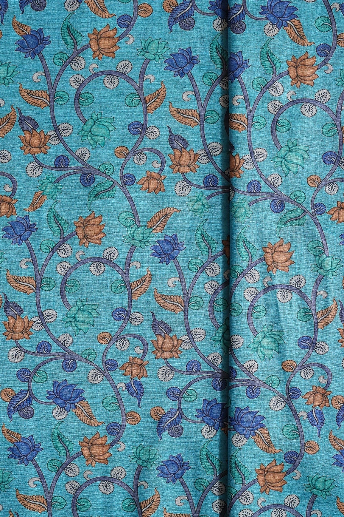 Brown And Blue Color Floral Pattern Digital Print On Cerulean Blue Mulberry Silk Fabric - doeraa