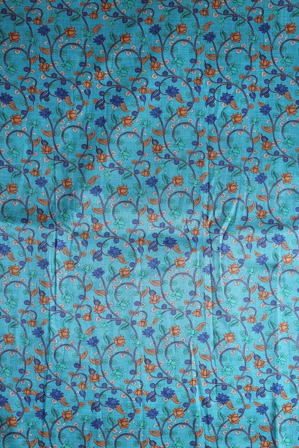Brown And Blue Color Floral Pattern Digital Print On Cerulean Blue Mulberry Silk Fabric - doeraa