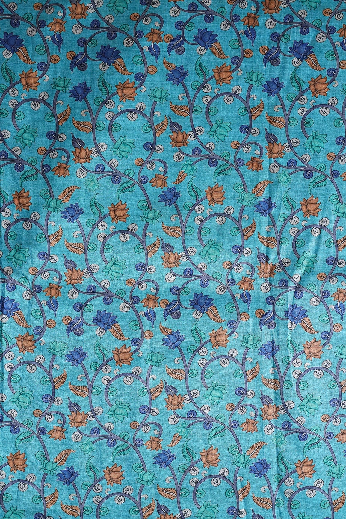 Brown And Blue Color Floral Pattern Digital Print On Cerulean Blue Mulberry Silk Fabric - doeraa