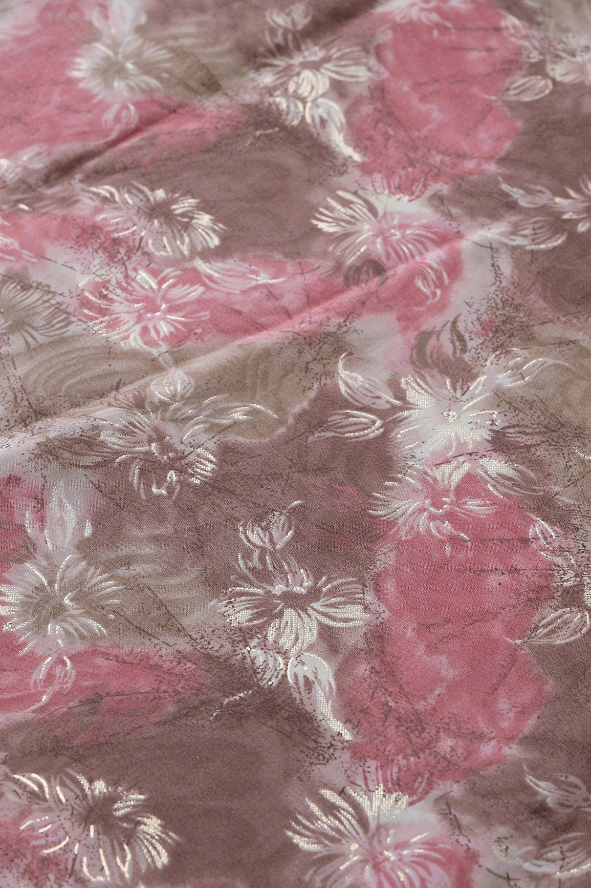 Brown And Cream Floral Foil Print On Viscose Chanderi Silk Fabric - doeraa