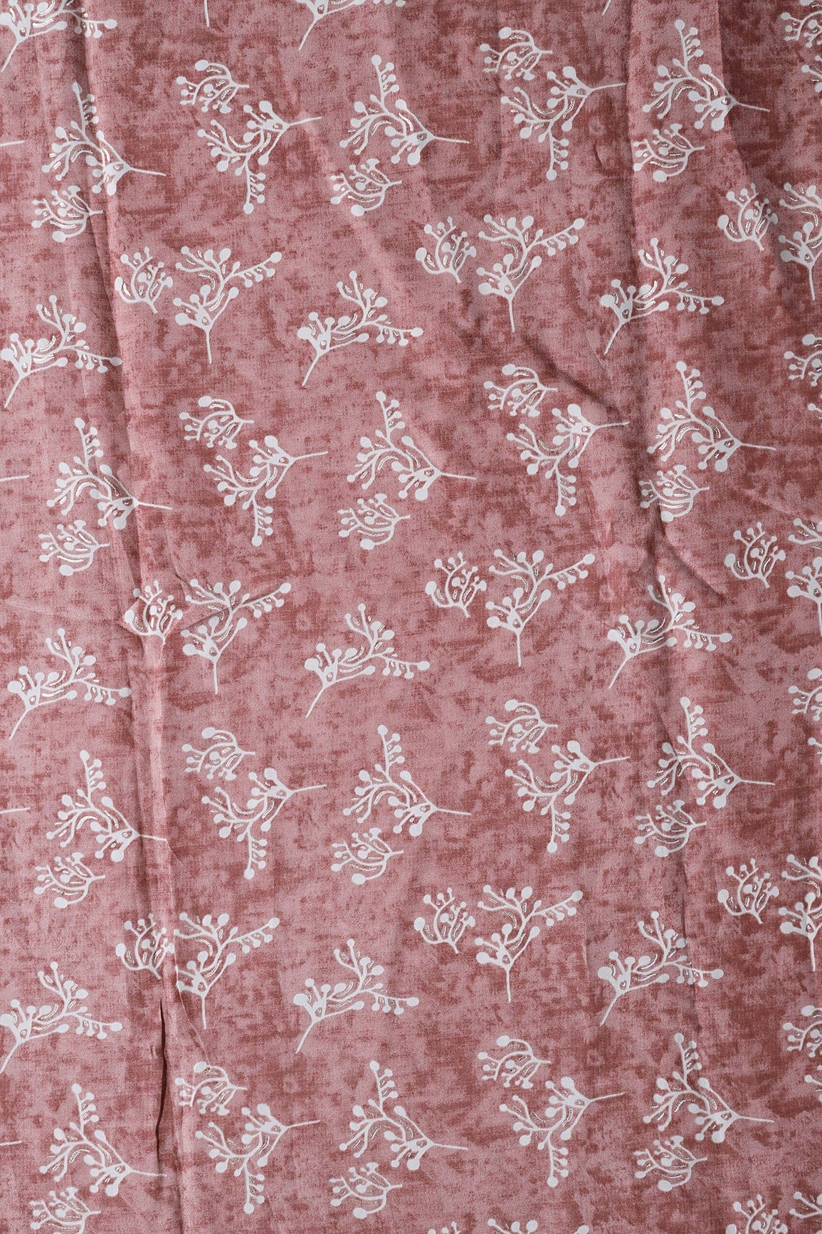 Brown And Cream Floral Foil Print On Viscose Chanderi Silk Fabric - doeraa
